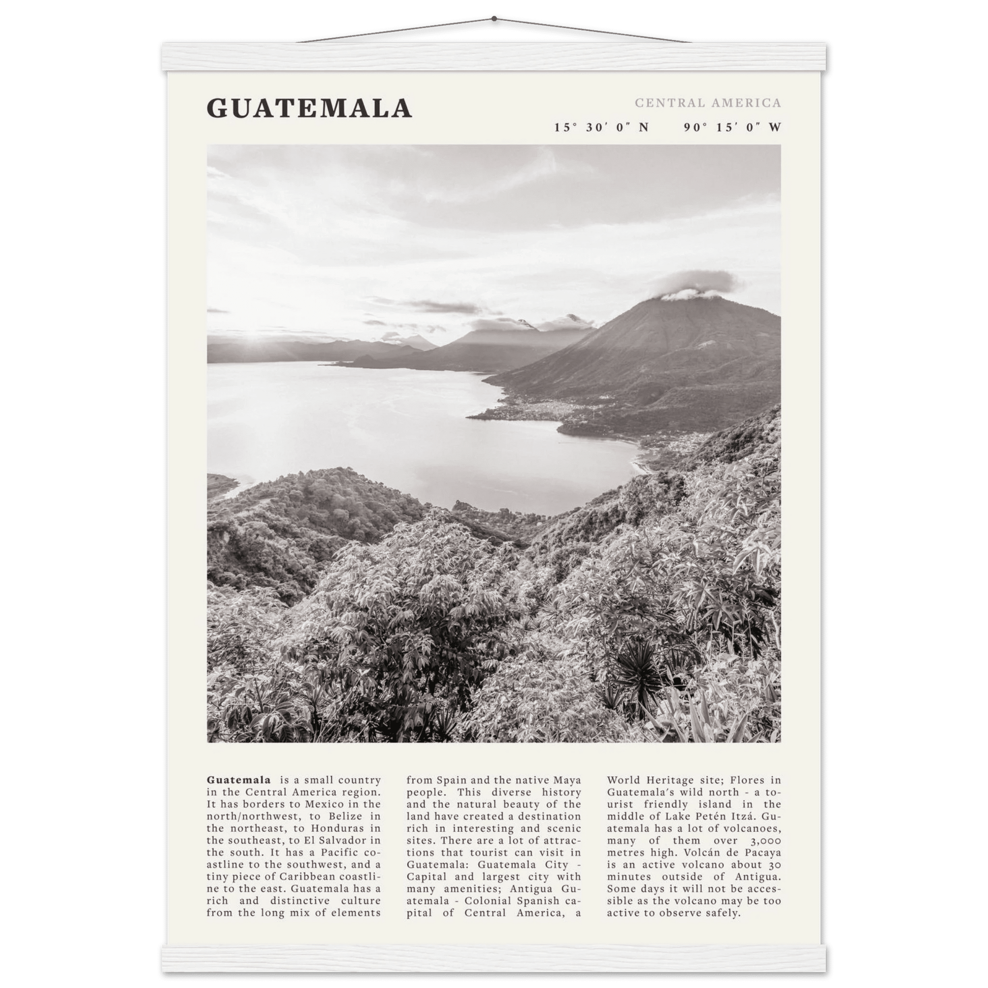 Guatemala Poster | Black & White Lake Atitlan Wall Art | Central America Travel Print - Evergreen Posters