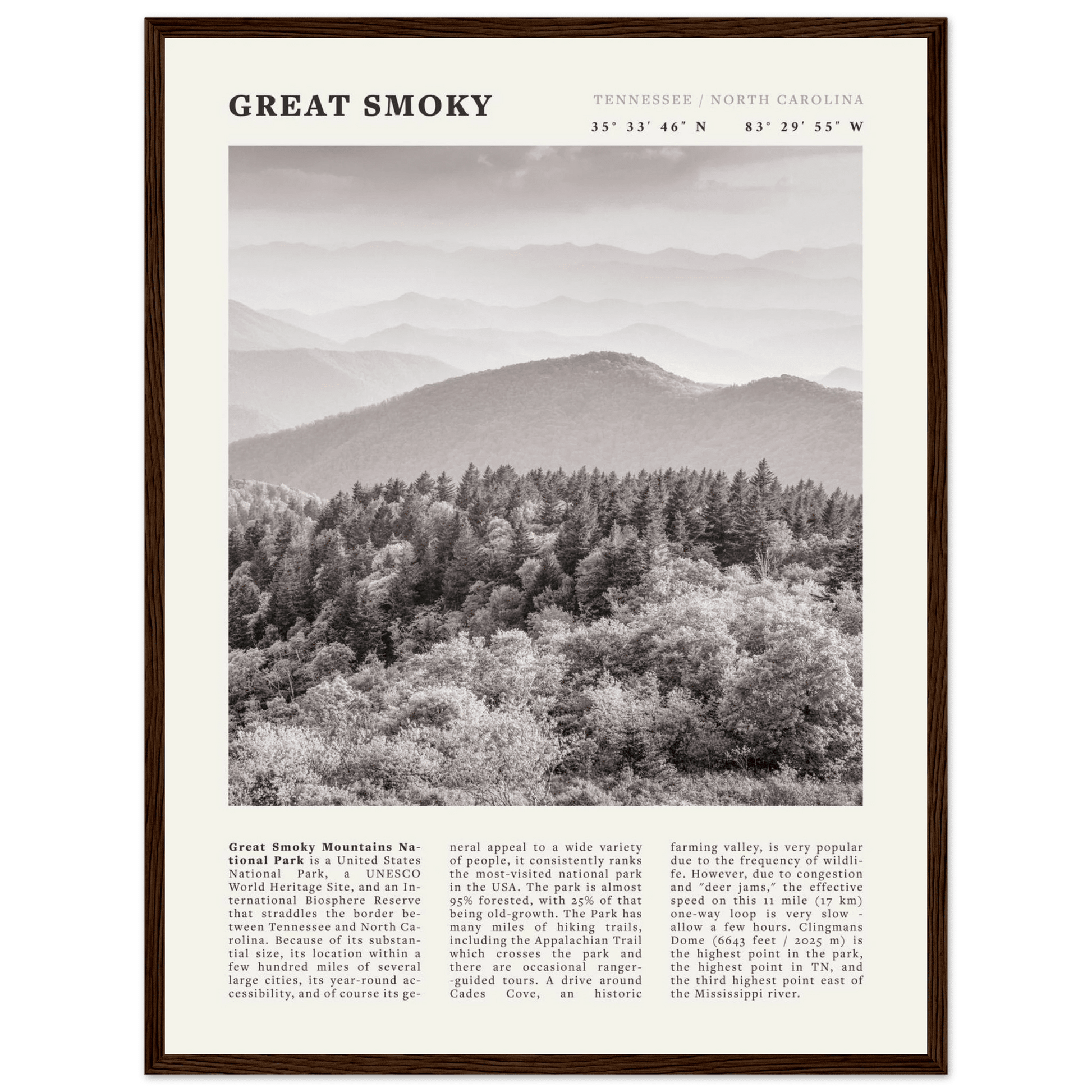 Great Smoky Mountains Poster | Black & White National Park Wall Art | Tennessee Print - Evergreen Posters
