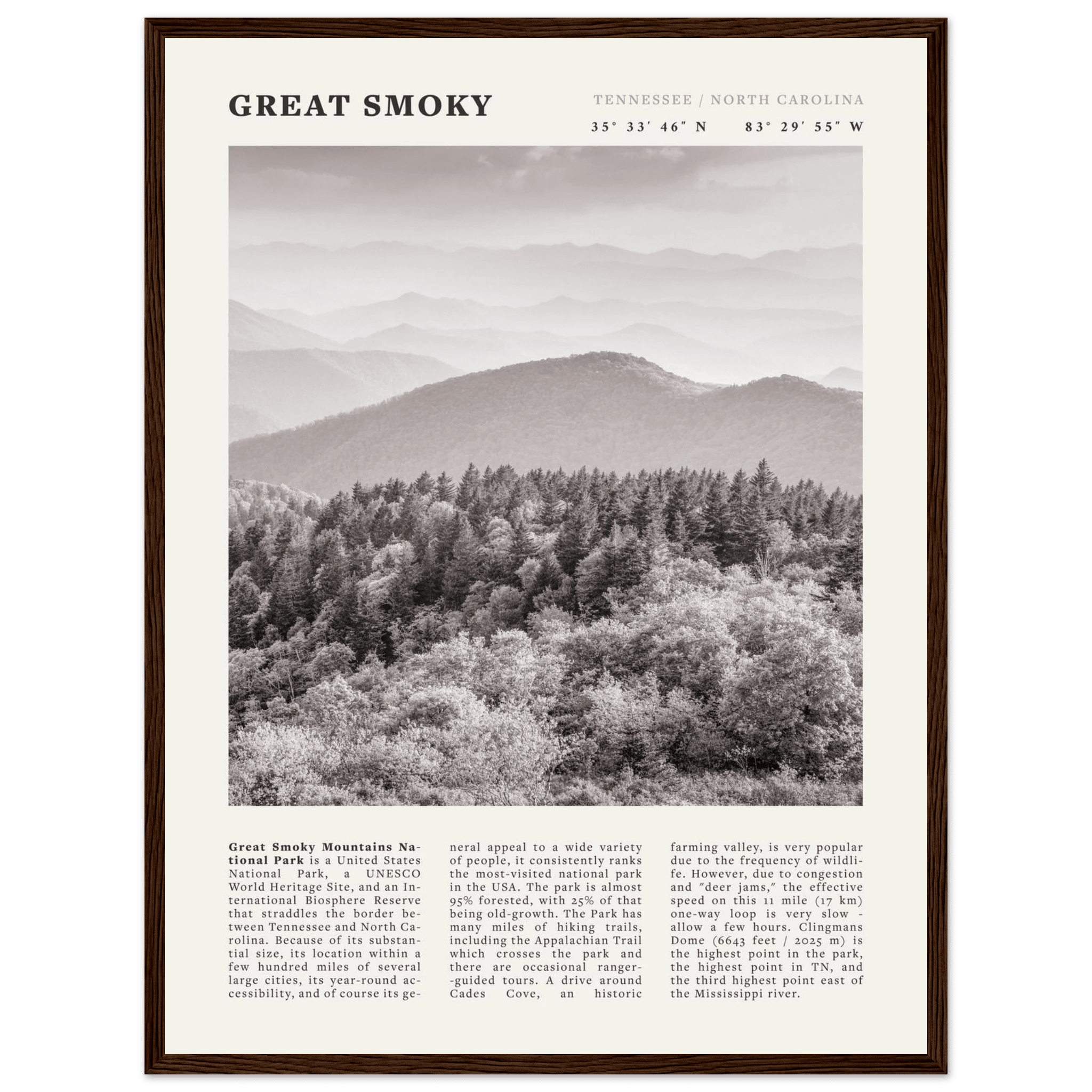 Great Smoky Mountains Poster | Black & White National Park Wall Art | Tennessee Print - Evergreen Posters