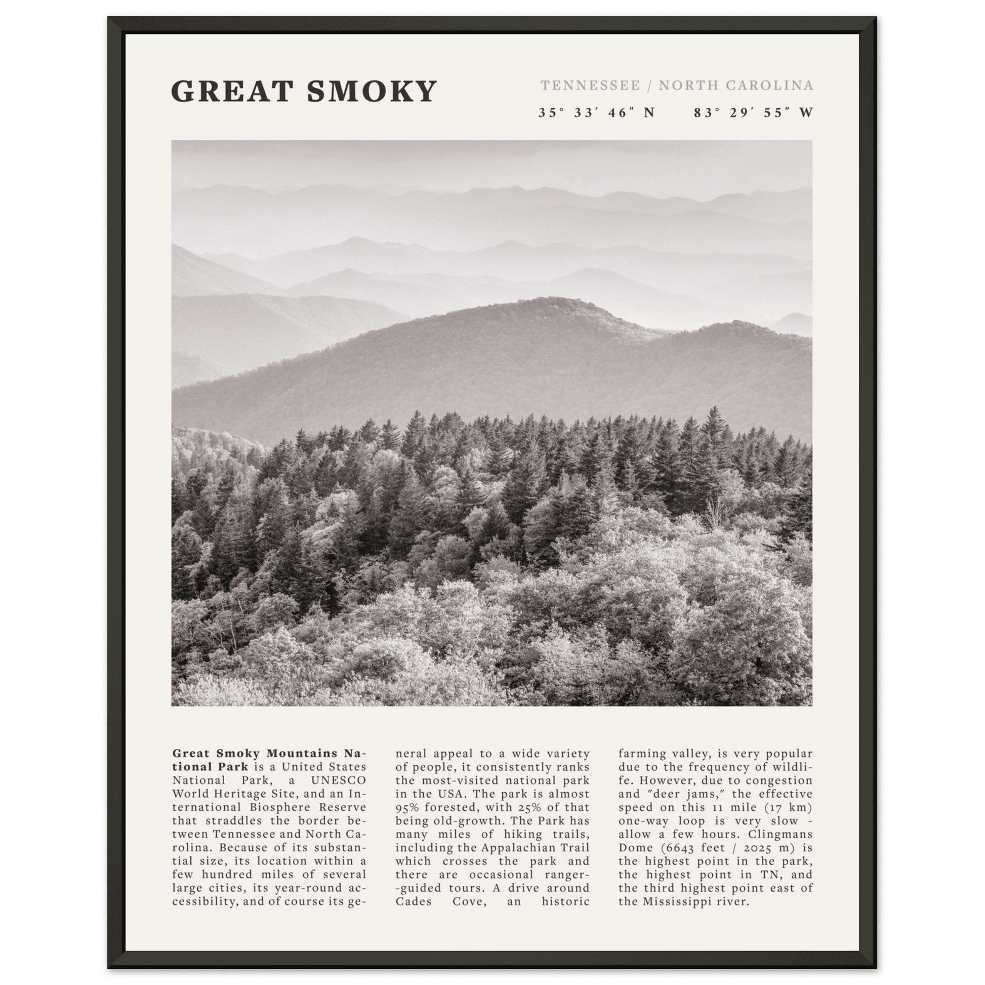 Great Smoky Mountains Poster | Black & White National Park Wall Art | Tennessee Print - Evergreen Posters