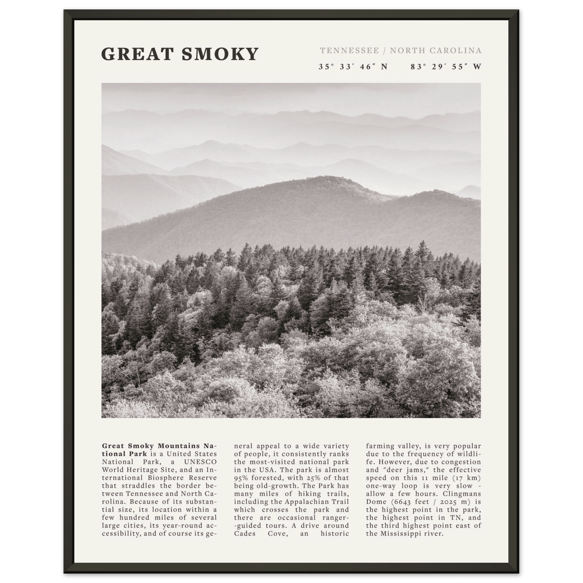 Great Smoky Mountains Poster | Black & White National Park Wall Art | Tennessee Print - Evergreen Posters