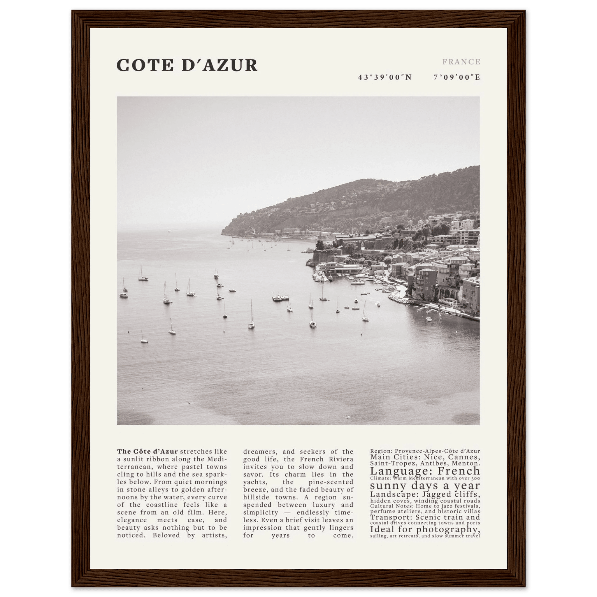 Côte d'Azur Poster Black and White – Vintage French Riviera Coast Print (Digital & Printed Options) - Evergreen Posters