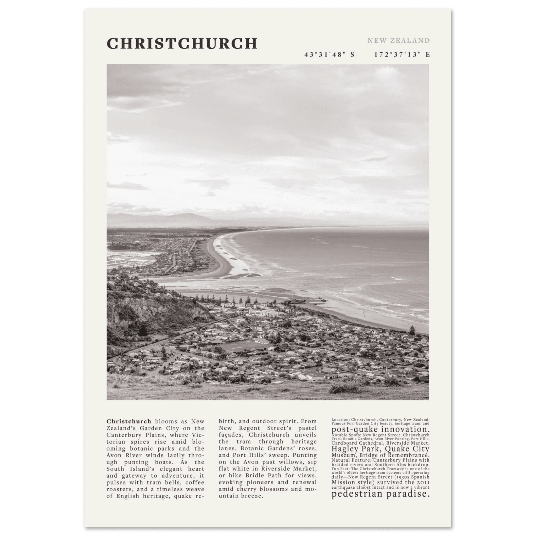 Christchurch New Zealand Poster Black and White – Vintage Garden City Panorama Print - Evergreen Posters