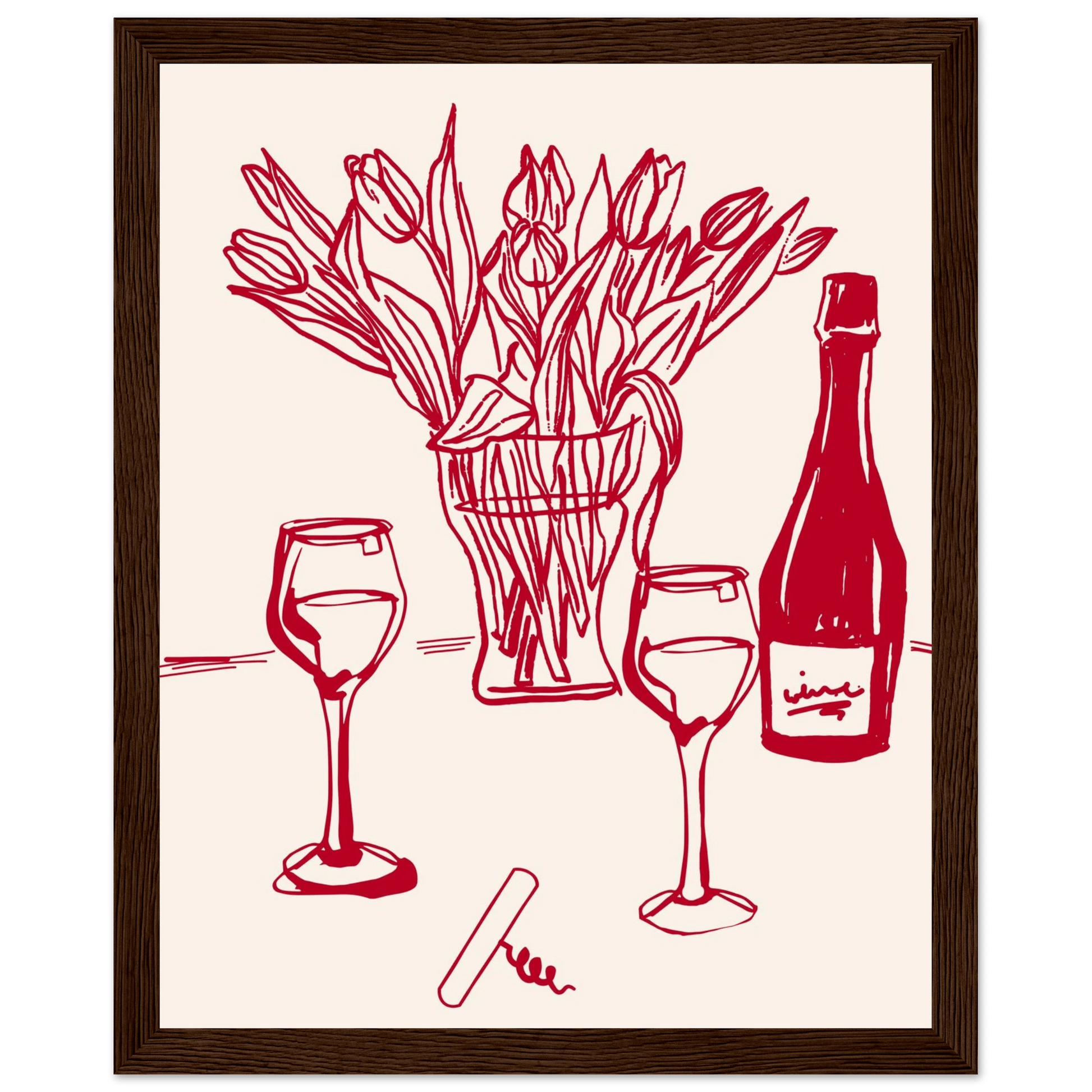 Red Wine & Tulips Print | Line Art Wine Bottle Wall Art | Kitchen Poster - Evergreen Posters