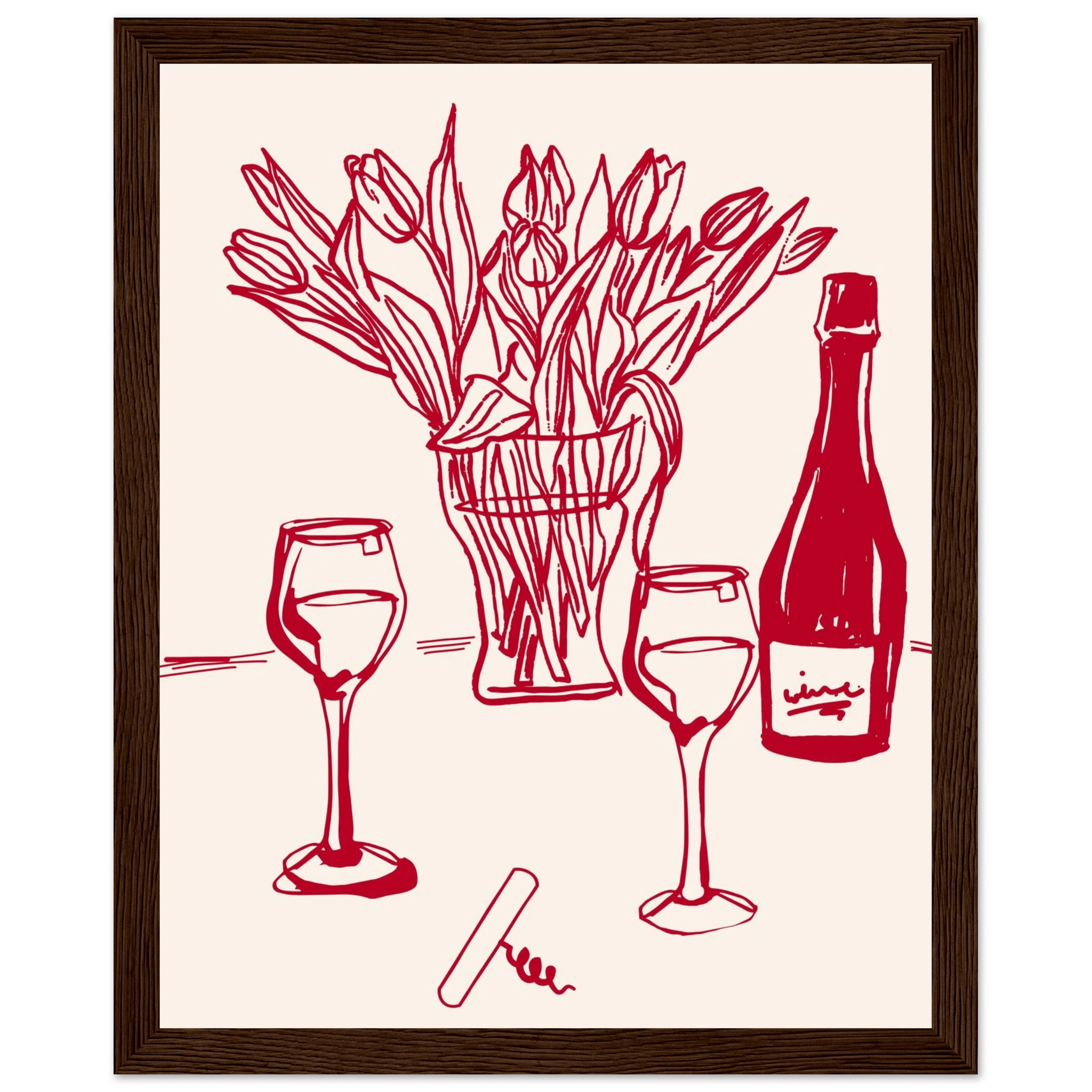 Red Wine & Tulips Print | Line Art Wine Bottle Wall Art | Kitchen Poster - Evergreen Posters