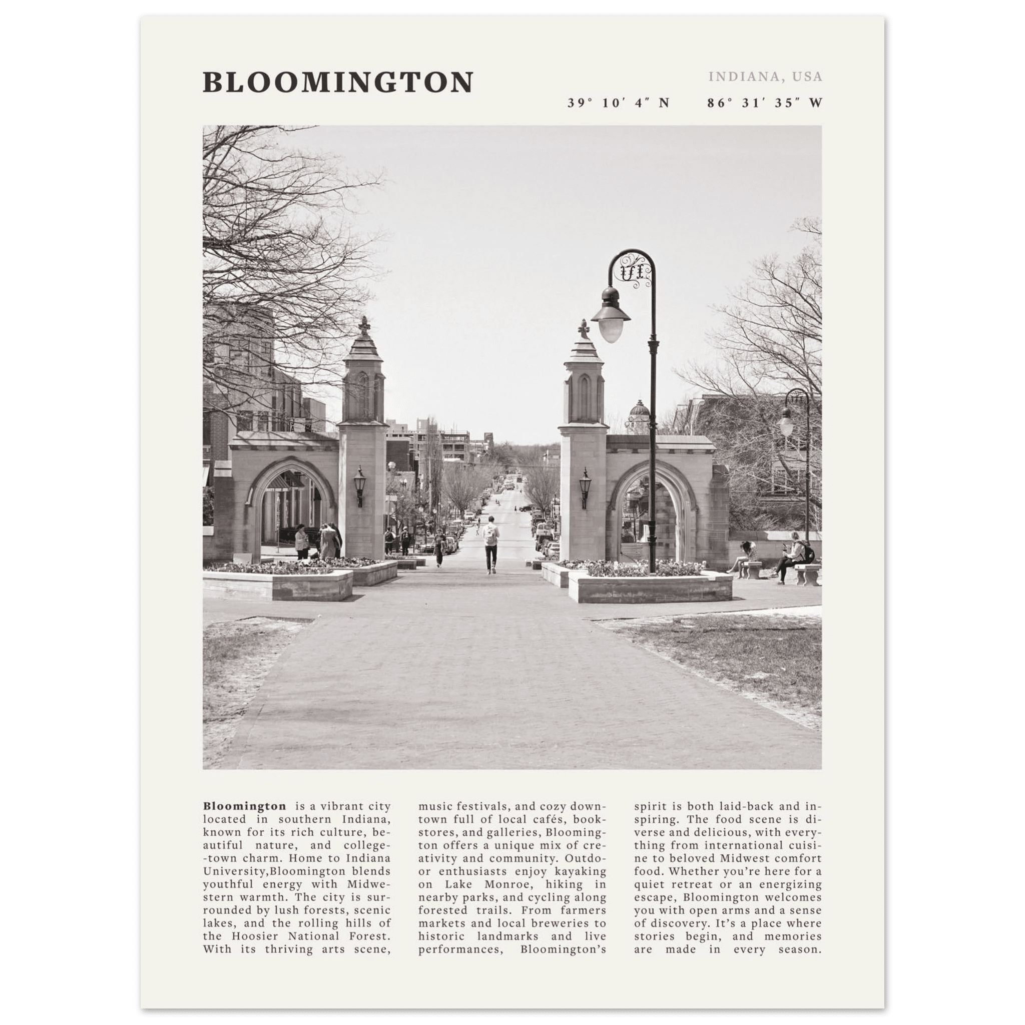 Bloomington Indiana Black and White Vintage Poster - Evergreen Posters
