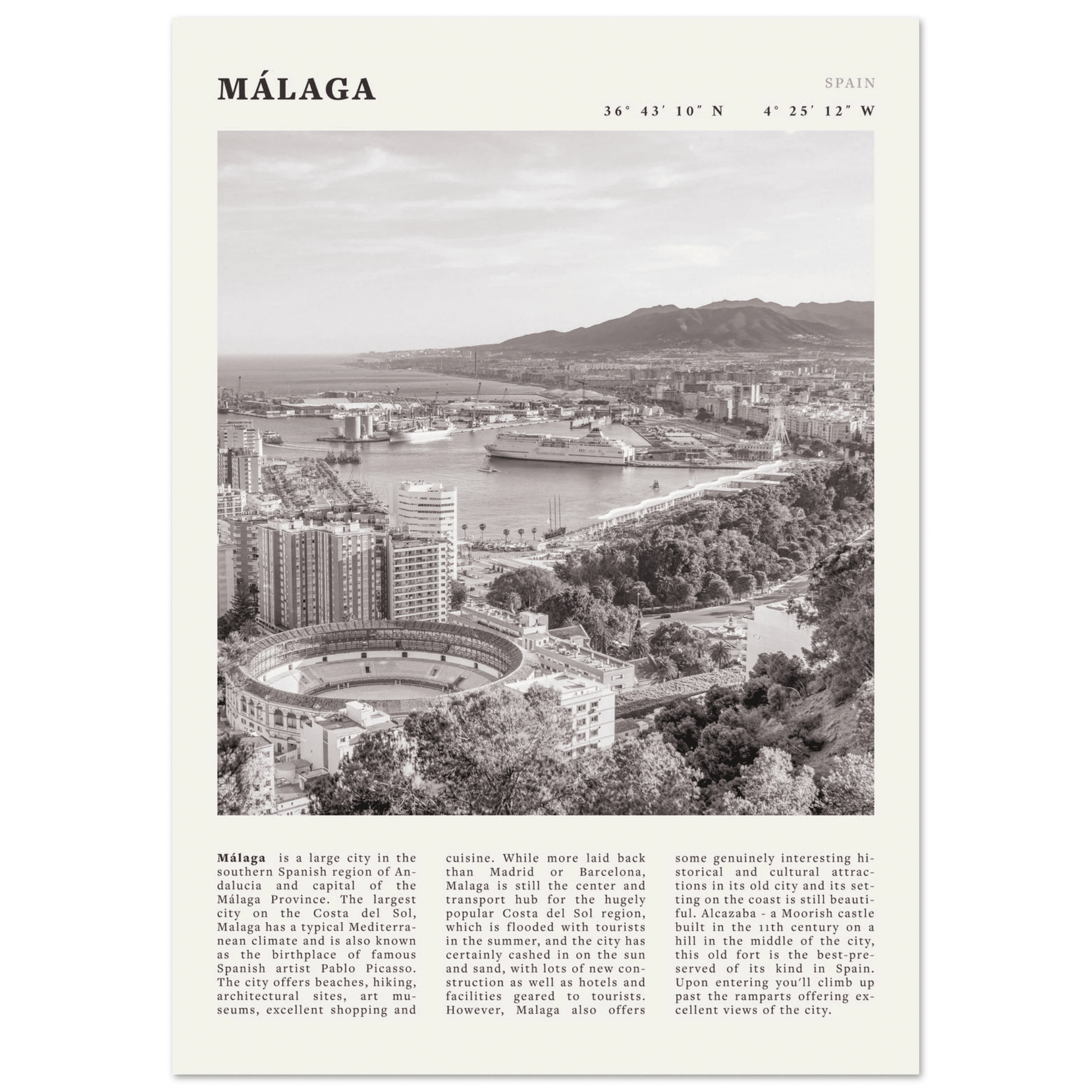 Málaga Poster | Black & White Costa del Sol Wall Art | Spain Travel Print - Evergreen Posters