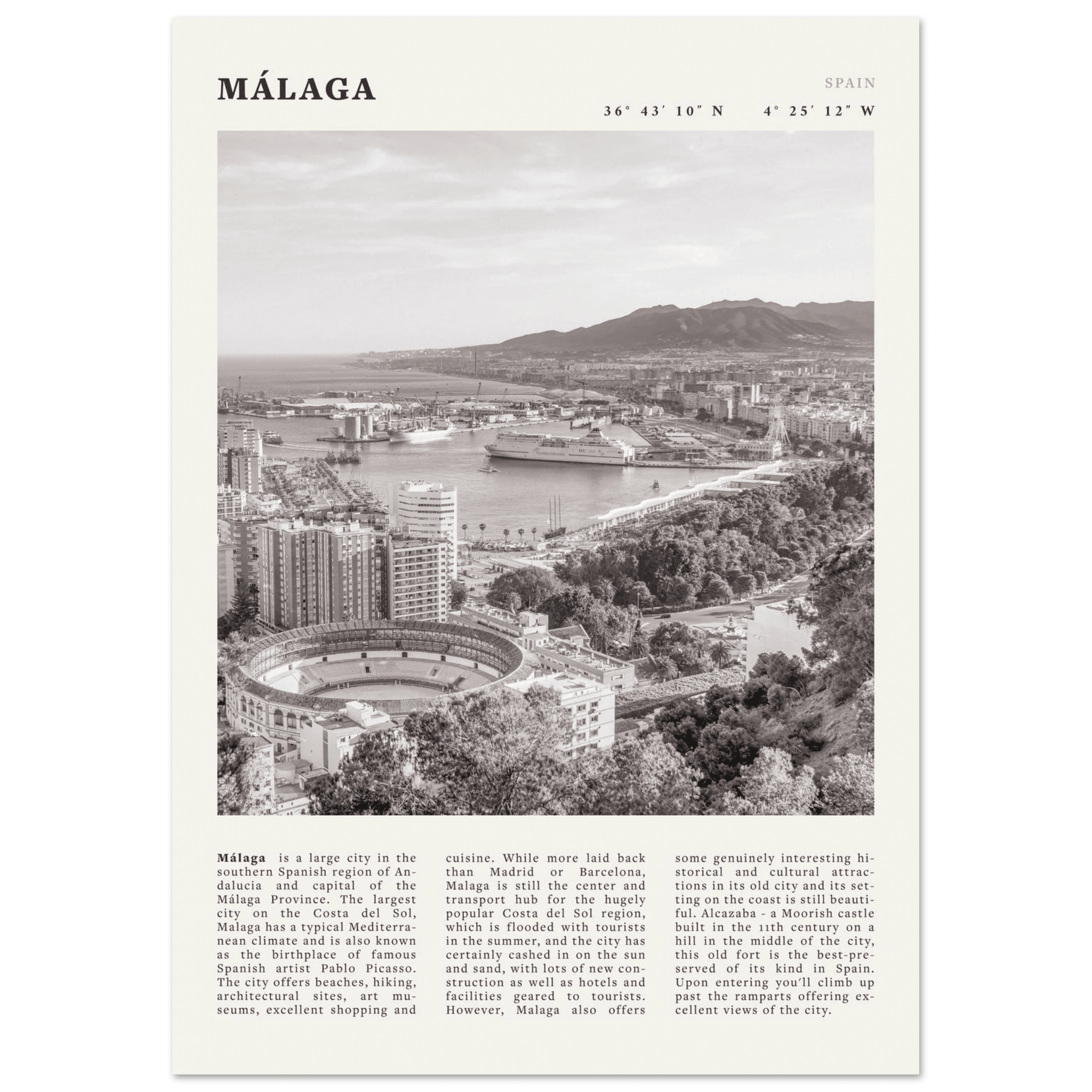 Málaga Poster | Black & White Costa del Sol Wall Art | Spain Travel Print - Evergreen Posters