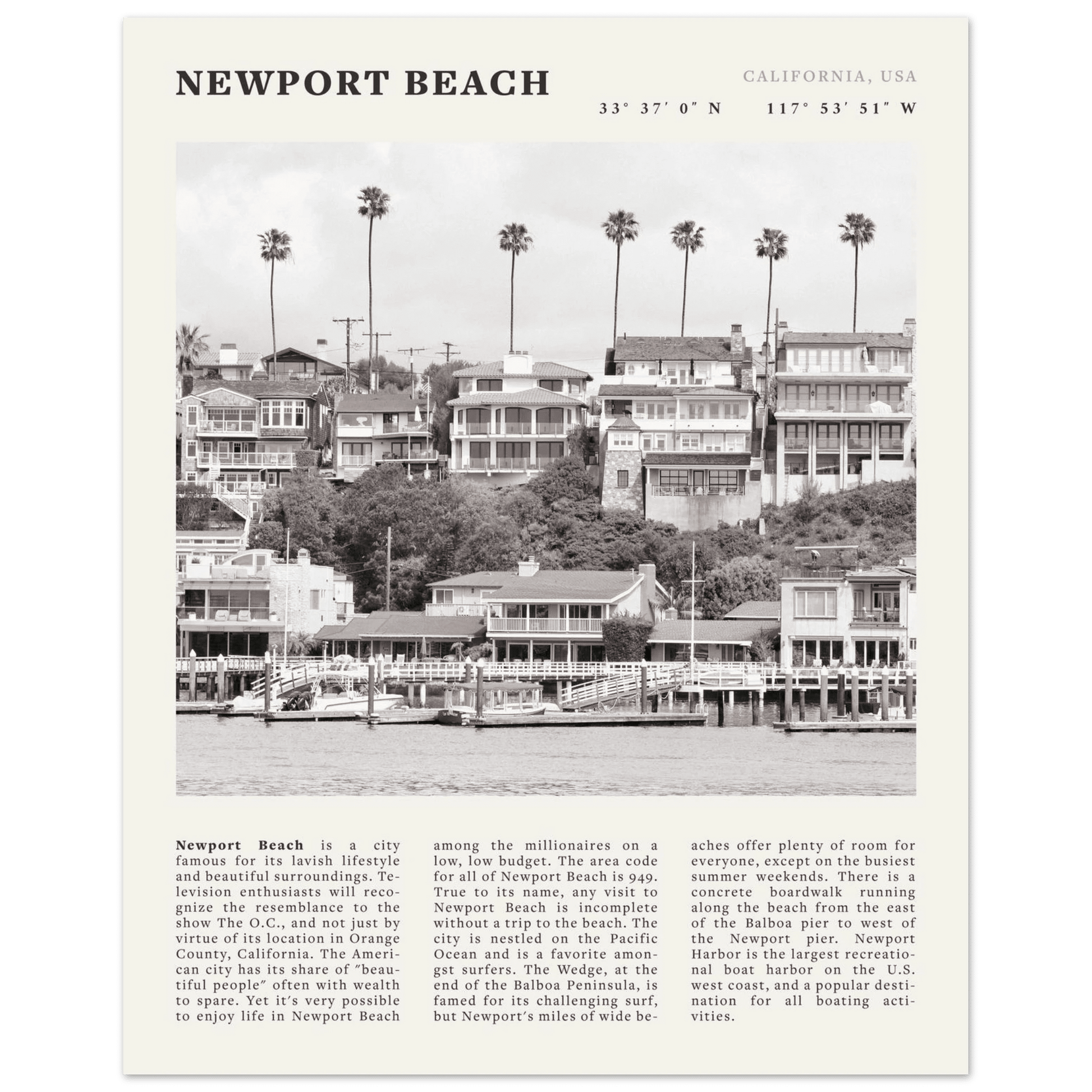 Newport Beach Poster | Black & White California Harbor Wall Art | Coastal Print - Evergreen Posters