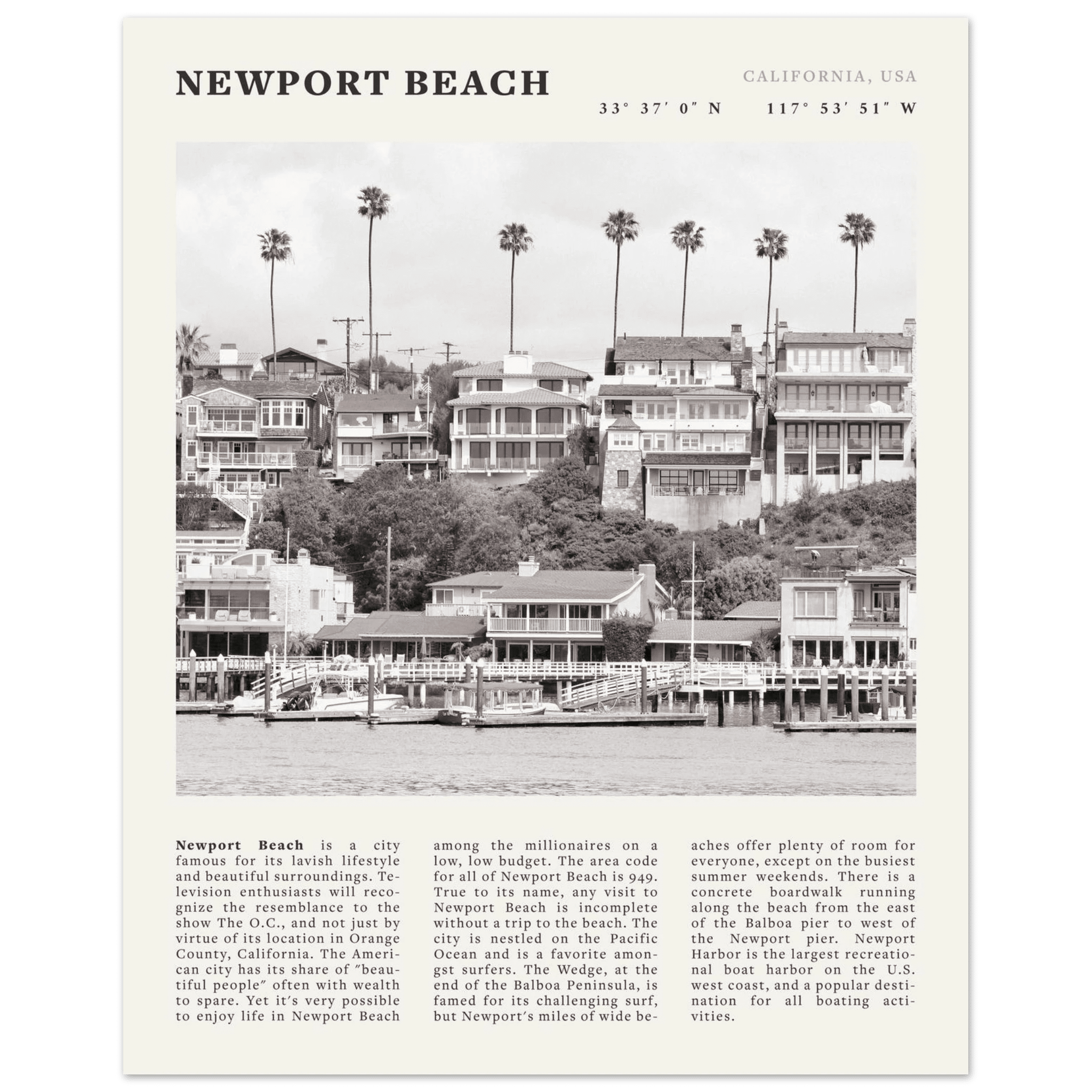 Newport Beach Poster | Black & White California Harbor Wall Art | Coastal Print - Evergreen Posters
