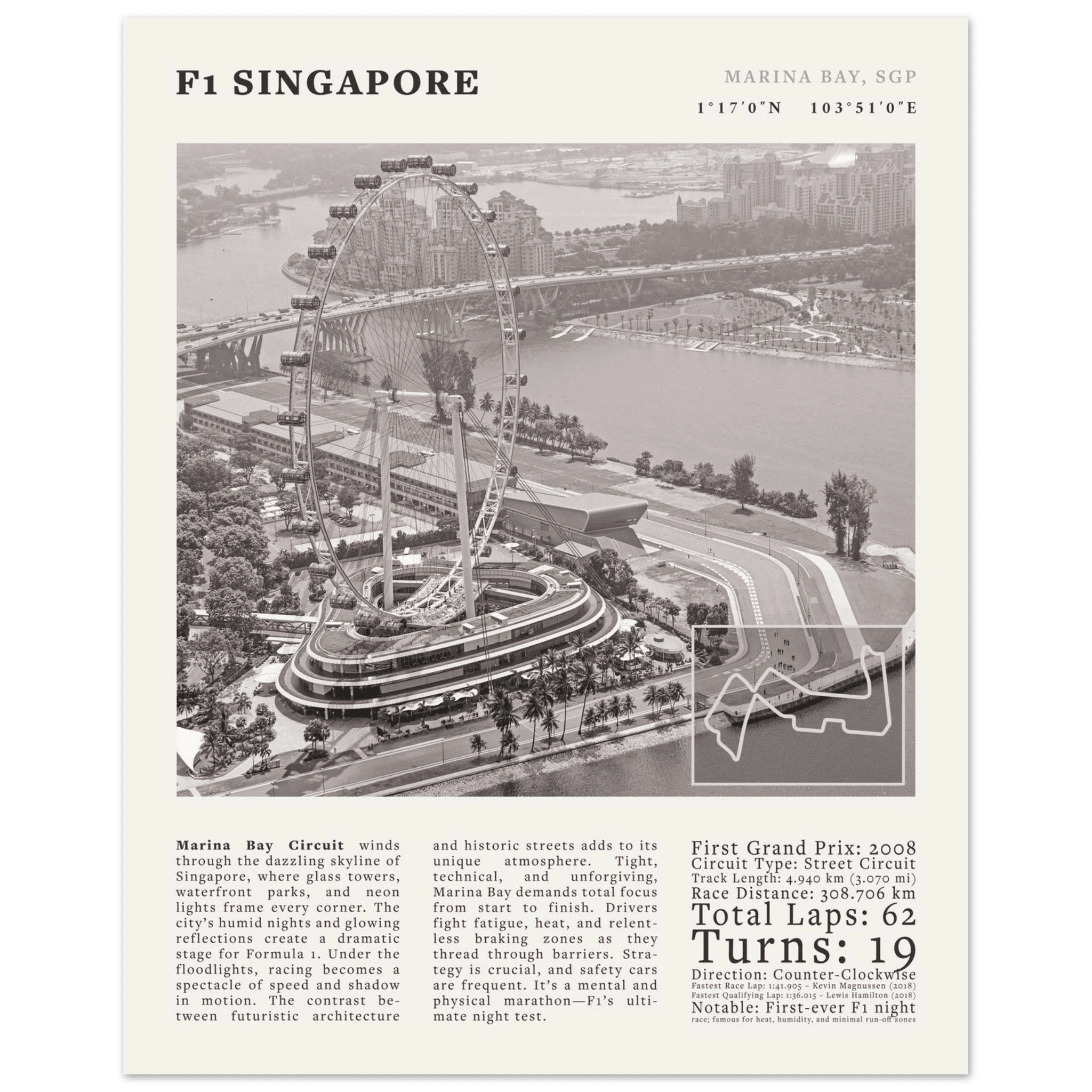 F1 Singapore Poster Black and White – Vintage Marina Bay Night Race Print (Digital & Printed Options) - Evergreen Posters