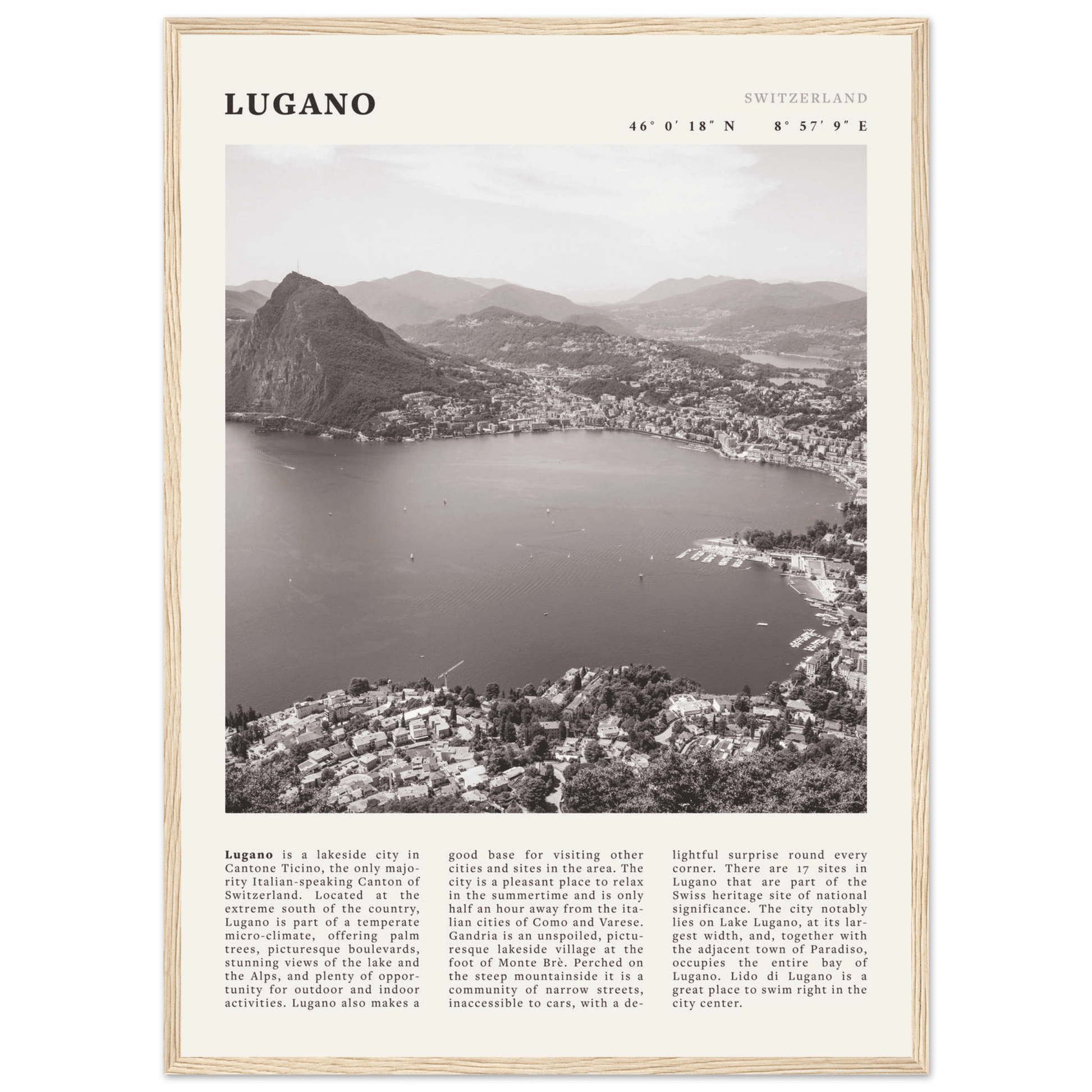 Lugano Poster | Black & White Swiss Lake Wall Art | Switzerland Travel Print - Evergreen Posters