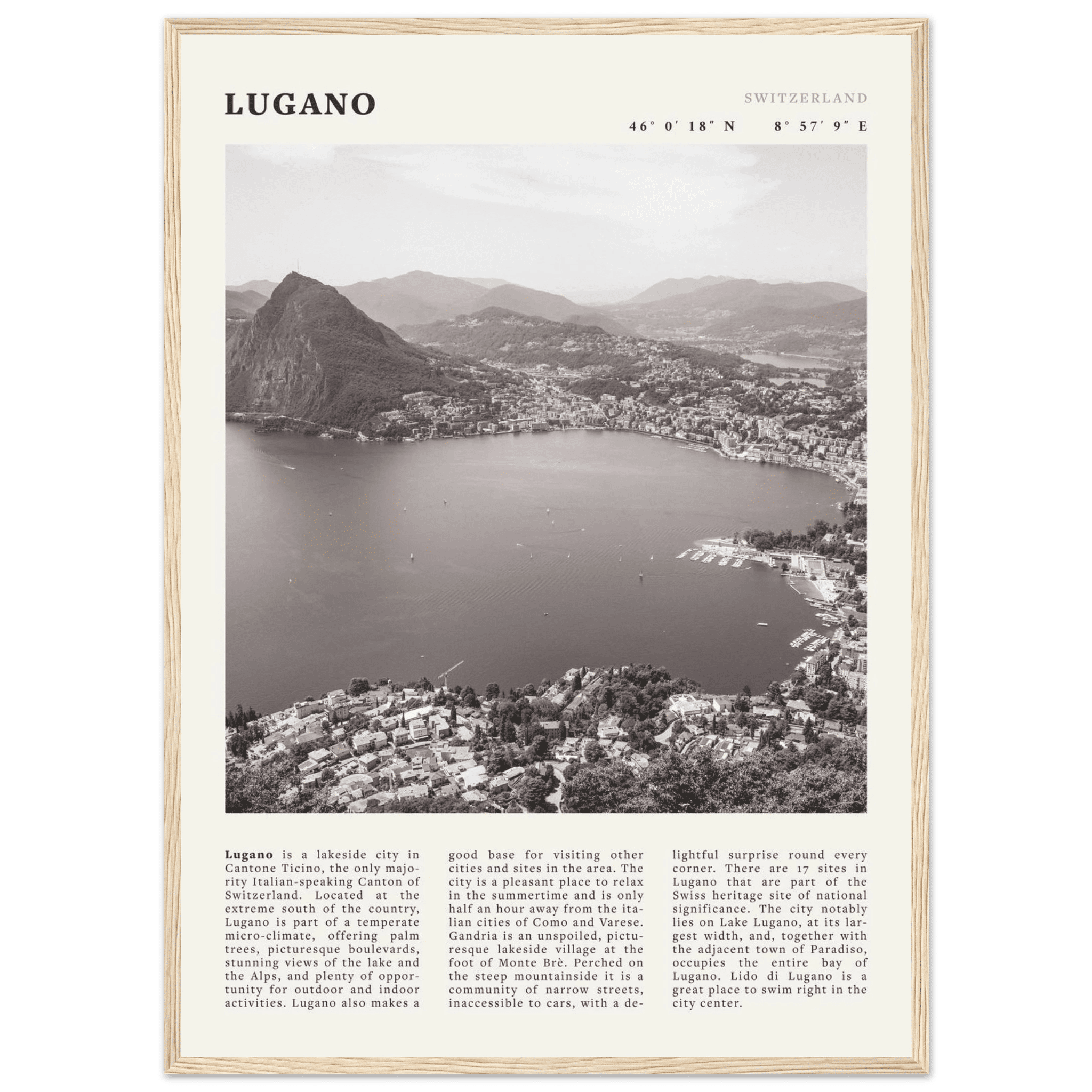 Lugano Poster | Black & White Swiss Lake Wall Art | Switzerland Travel Print - Evergreen Posters