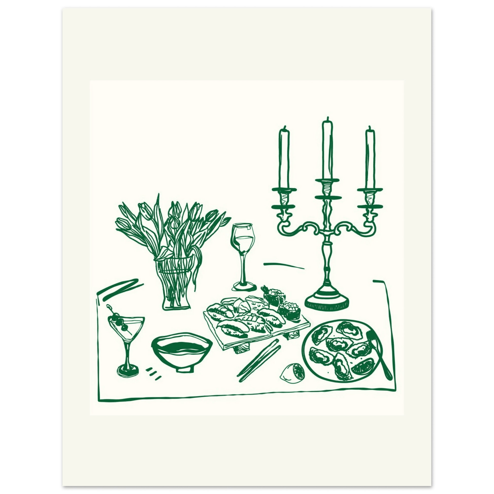 Fine Dining Table Print | Green Line Art Kitchen Wall Art | Elegant Dining Room Poster - Evergreen Posters