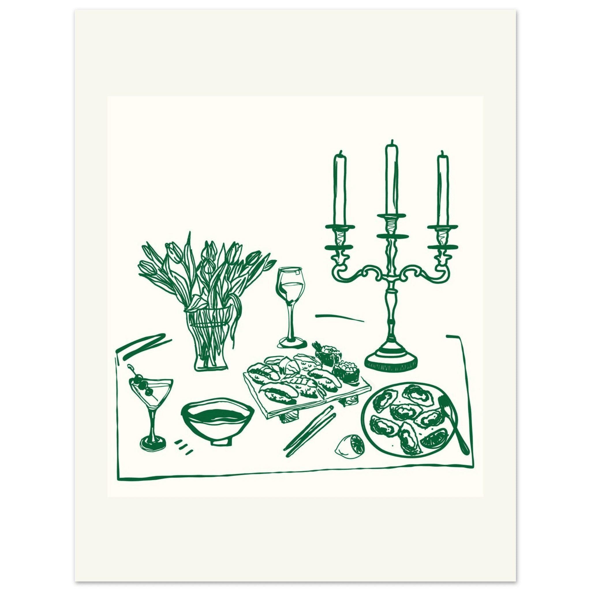 Fine Dining Table Print | Green Line Art Kitchen Wall Art | Elegant Dining Room Poster - Evergreen Posters