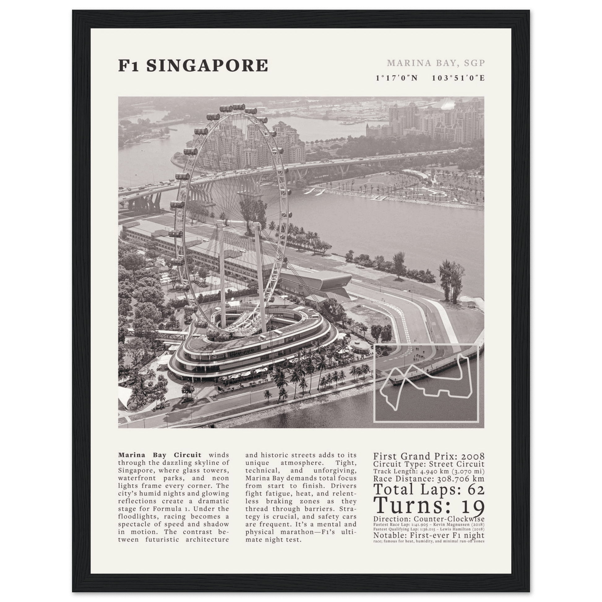F1 Singapore Poster Black and White – Vintage Marina Bay Night Race Print (Digital & Printed Options) - Evergreen Posters