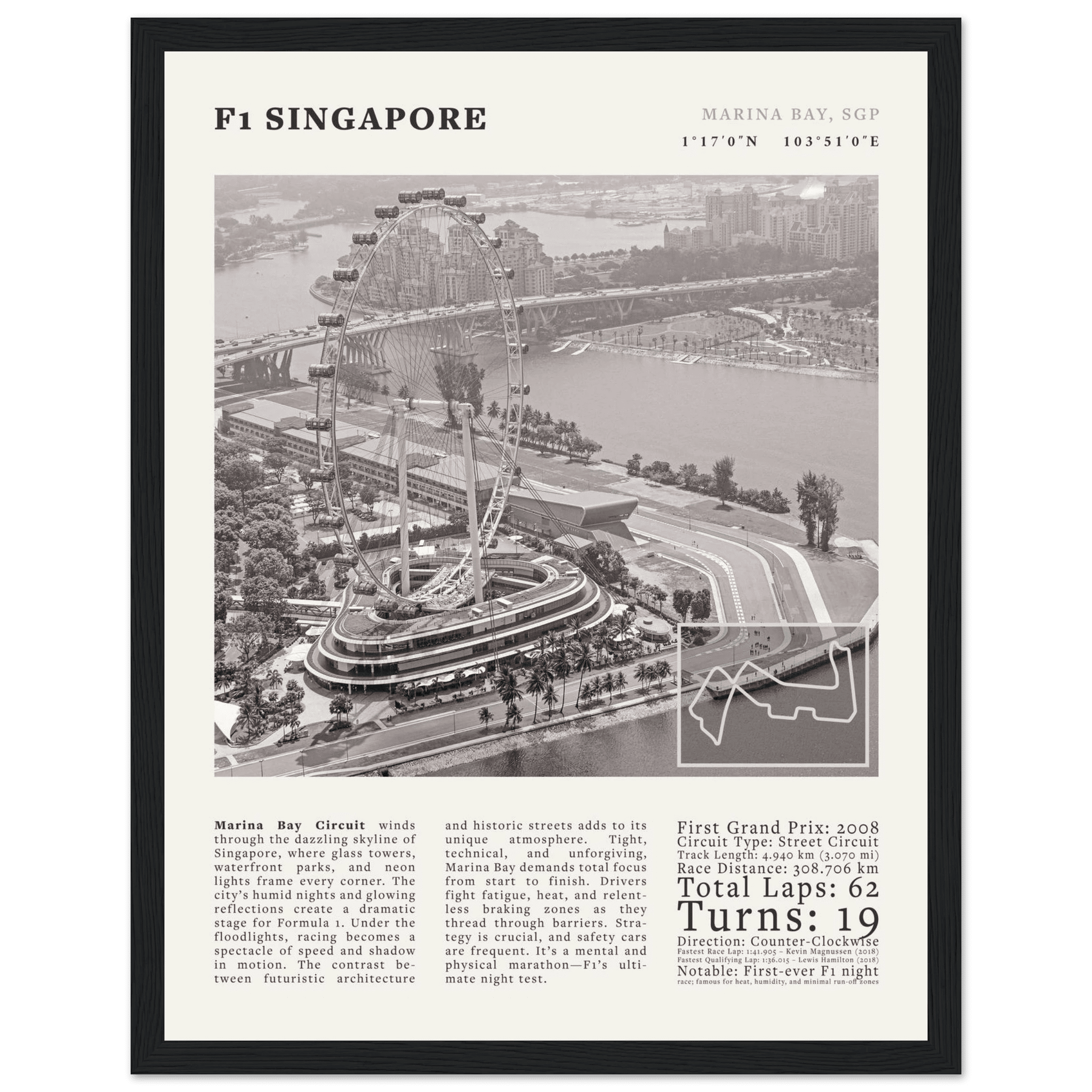 F1 Singapore Poster Black and White – Vintage Marina Bay Night Race Print (Digital & Printed Options) - Evergreen Posters