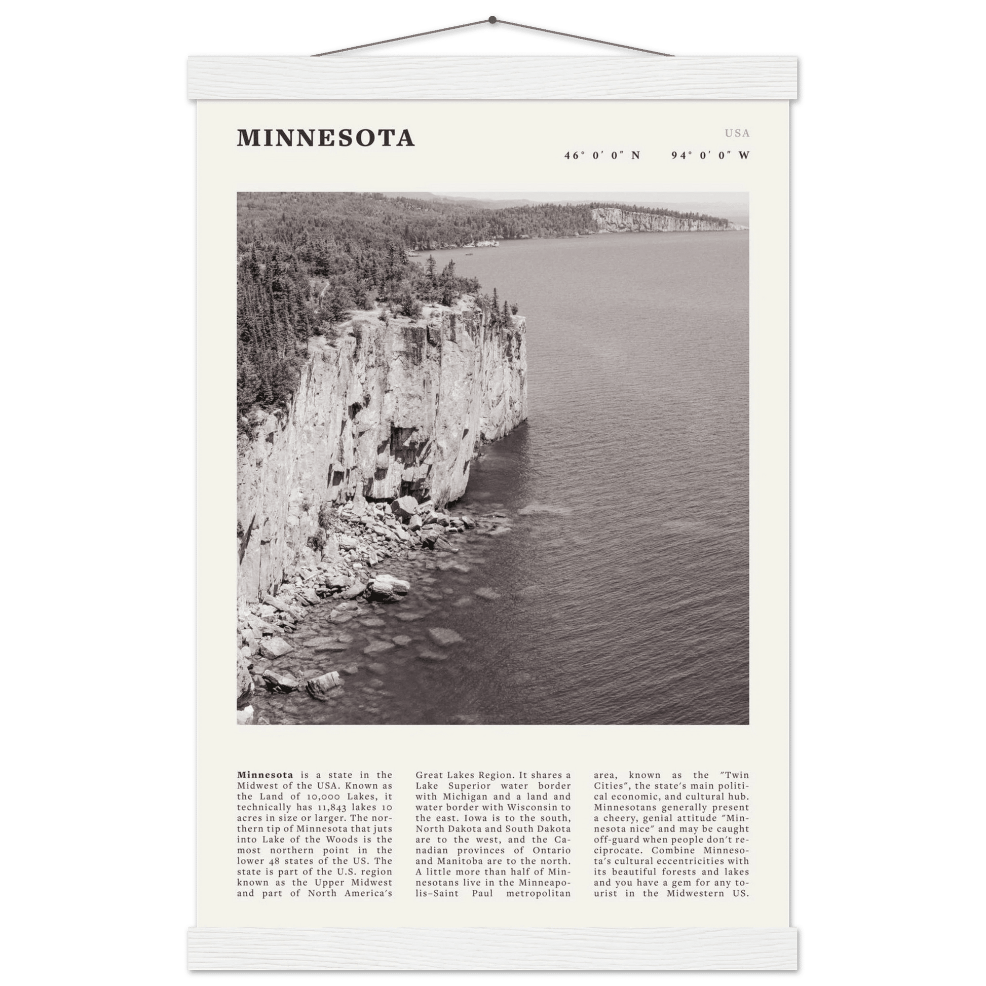 Minnesota Poster | Black & White Lake Superior Wall Art | USA Nature Travel Print - Evergreen Posters