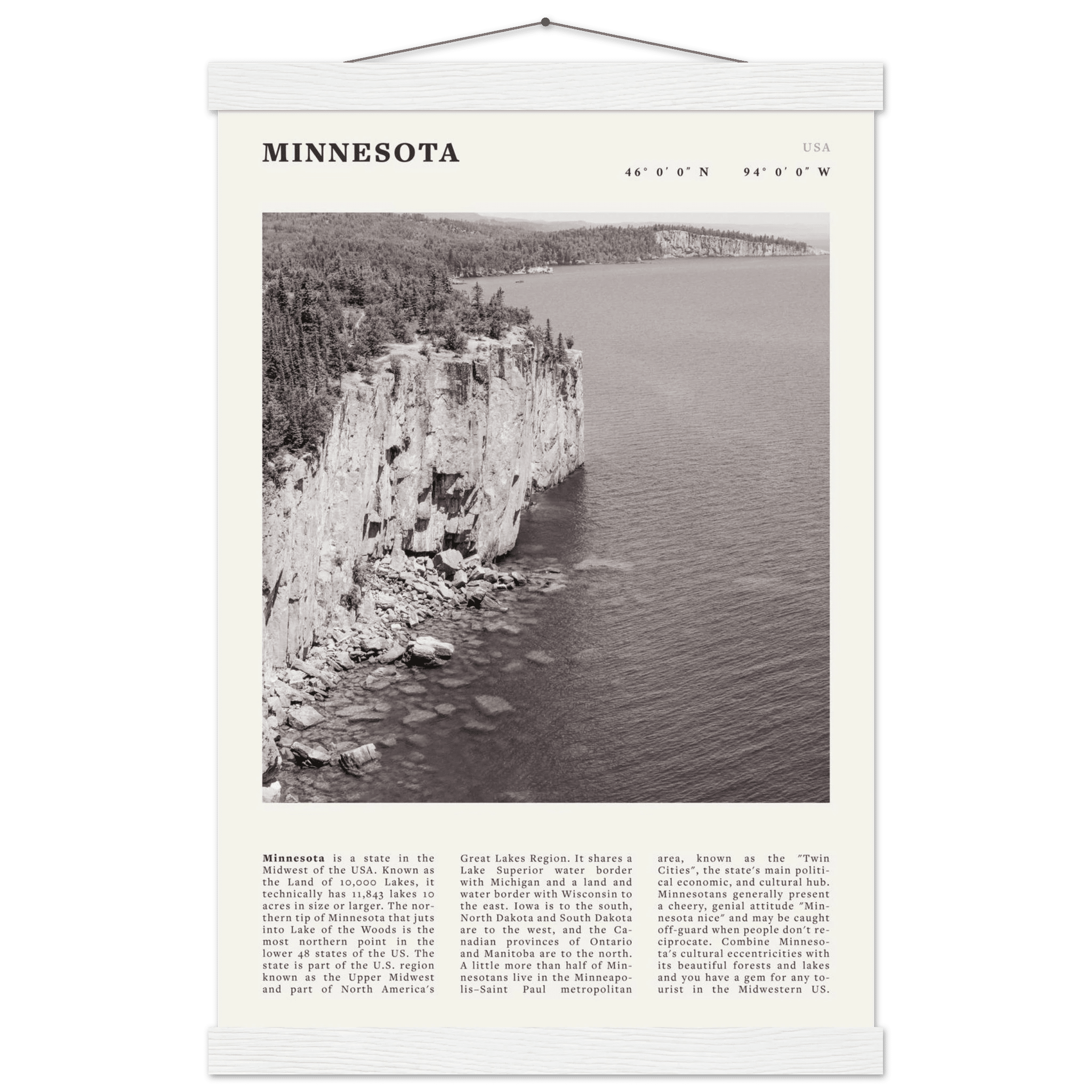 Minnesota Poster | Black & White Lake Superior Wall Art | USA Nature Travel Print - Evergreen Posters