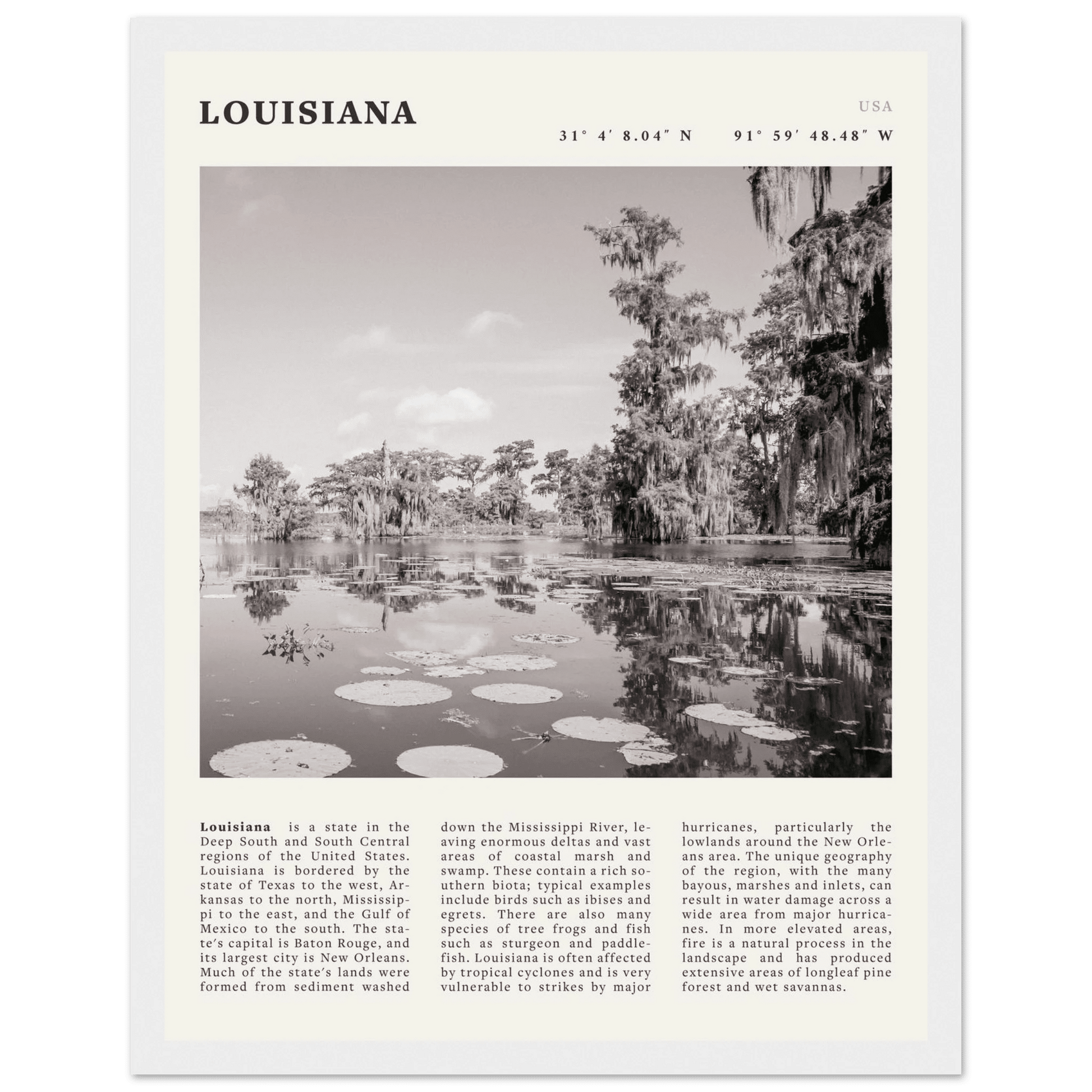 Louisiana Poster | Black & White Bayou Wall Art | Southern USA Travel Print Decor - Evergreen Posters
