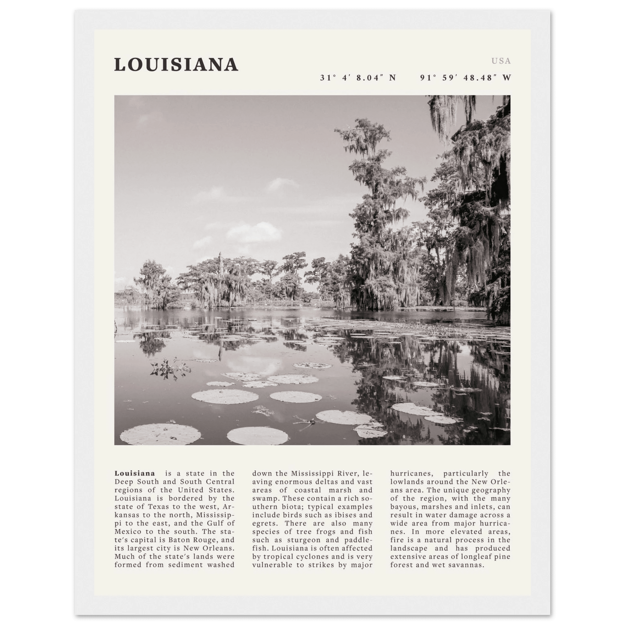Louisiana Poster | Black & White Bayou Wall Art | Southern USA Travel Print Decor - Evergreen Posters