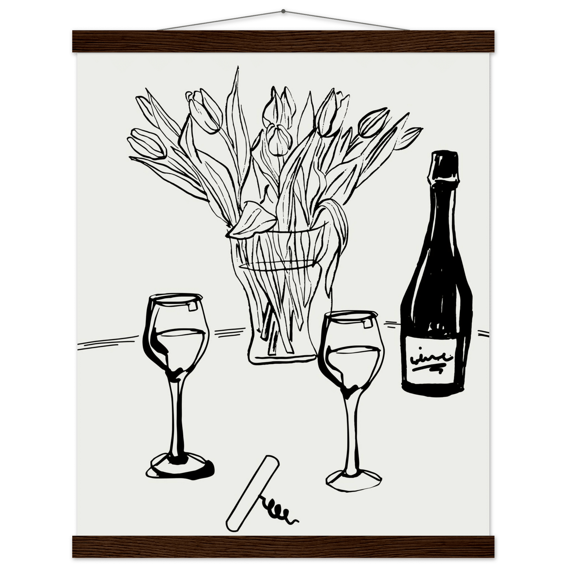 Wine & Tulips Print | Black Line Art Wine Bottle Wall Art | Minimalist Kitchen Poster - Evergreen Posters