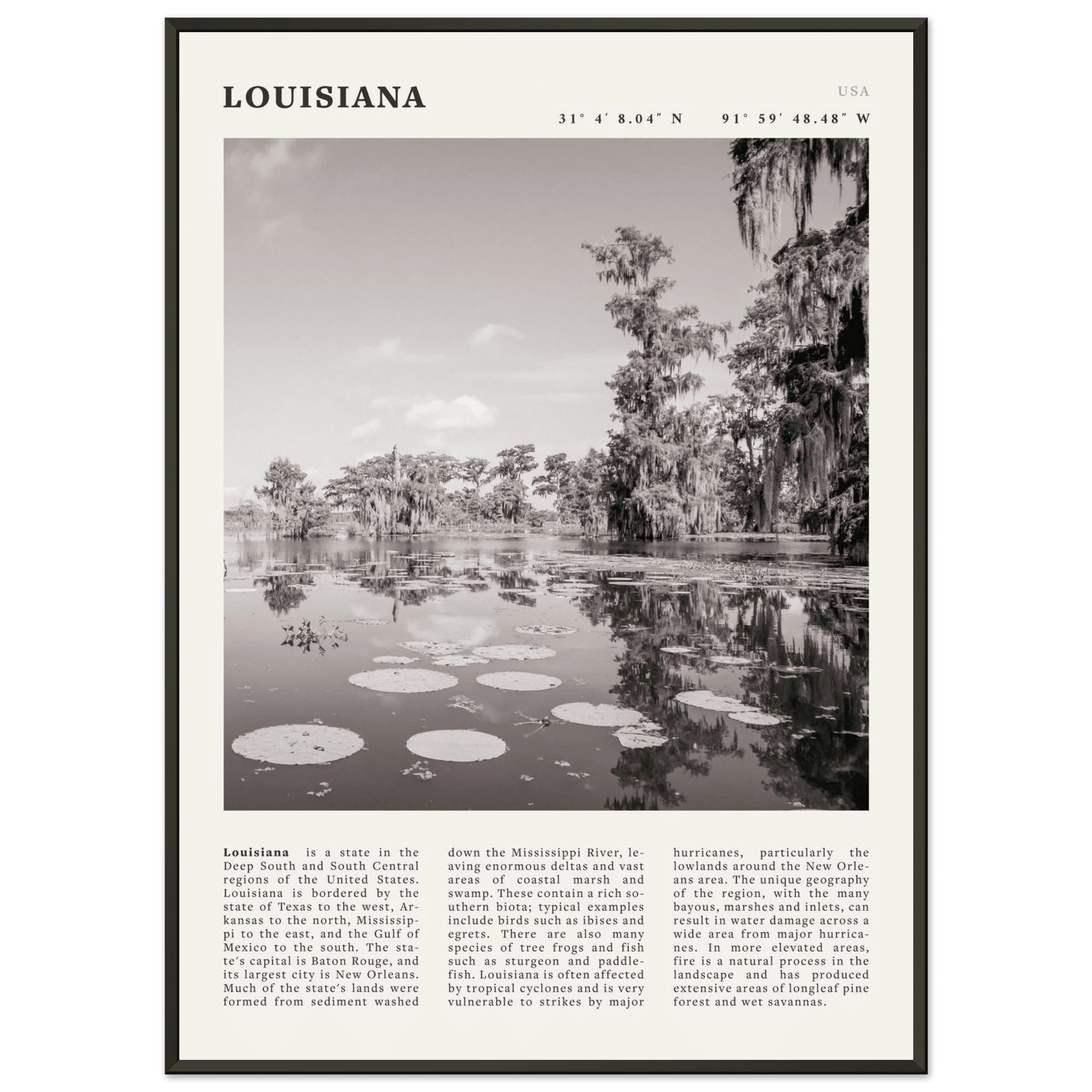 Louisiana Poster | Black & White Bayou Wall Art | Southern USA Travel Print Decor - Evergreen Posters