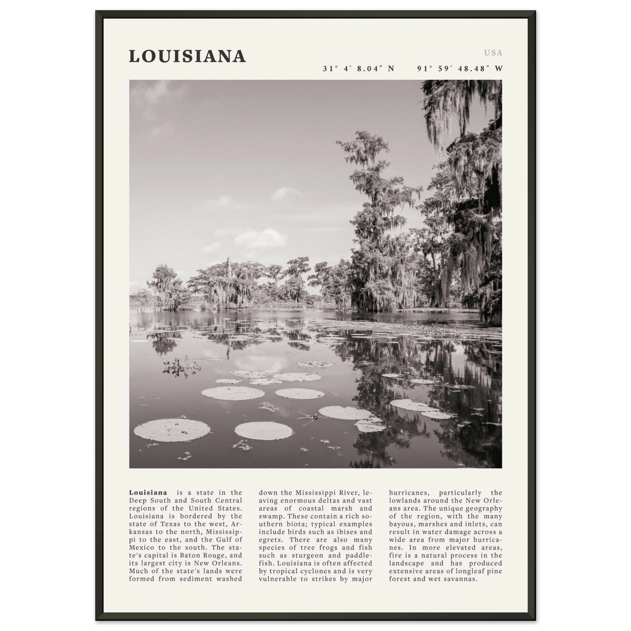 Louisiana Poster | Black & White Bayou Wall Art | Southern USA Travel Print Decor - Evergreen Posters
