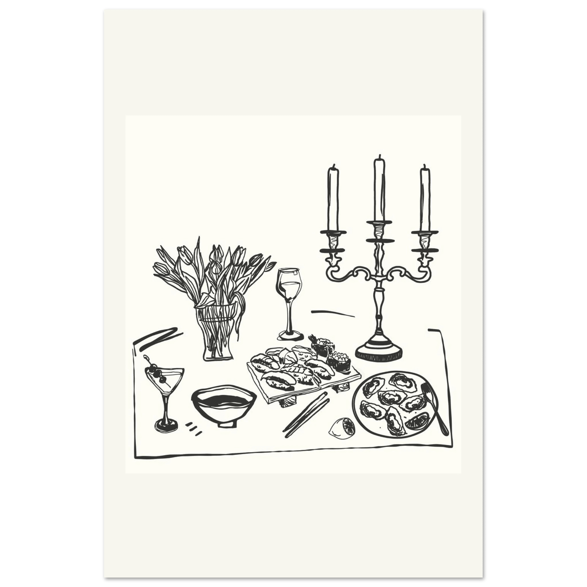 Fine Dining Table Print | Black Line Art Kitchen Wall Art | Elegant Dining Room Poster - Evergreen Posters