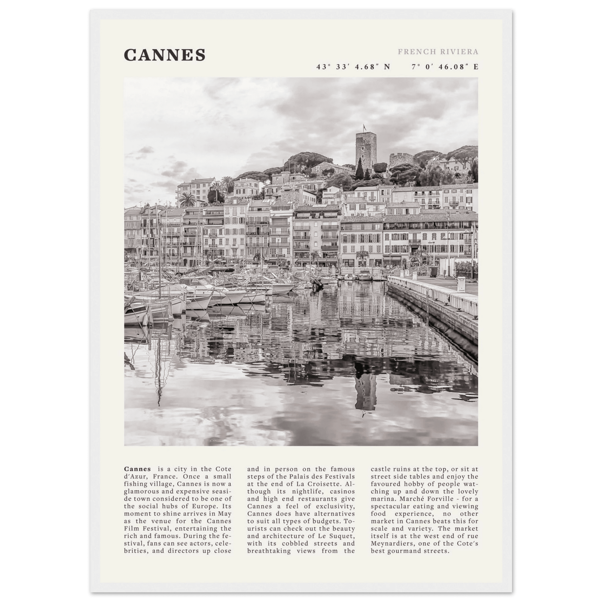 Cannes Poster | Black & White French Riviera Wall Art | France Travel Print - Evergreen Posters