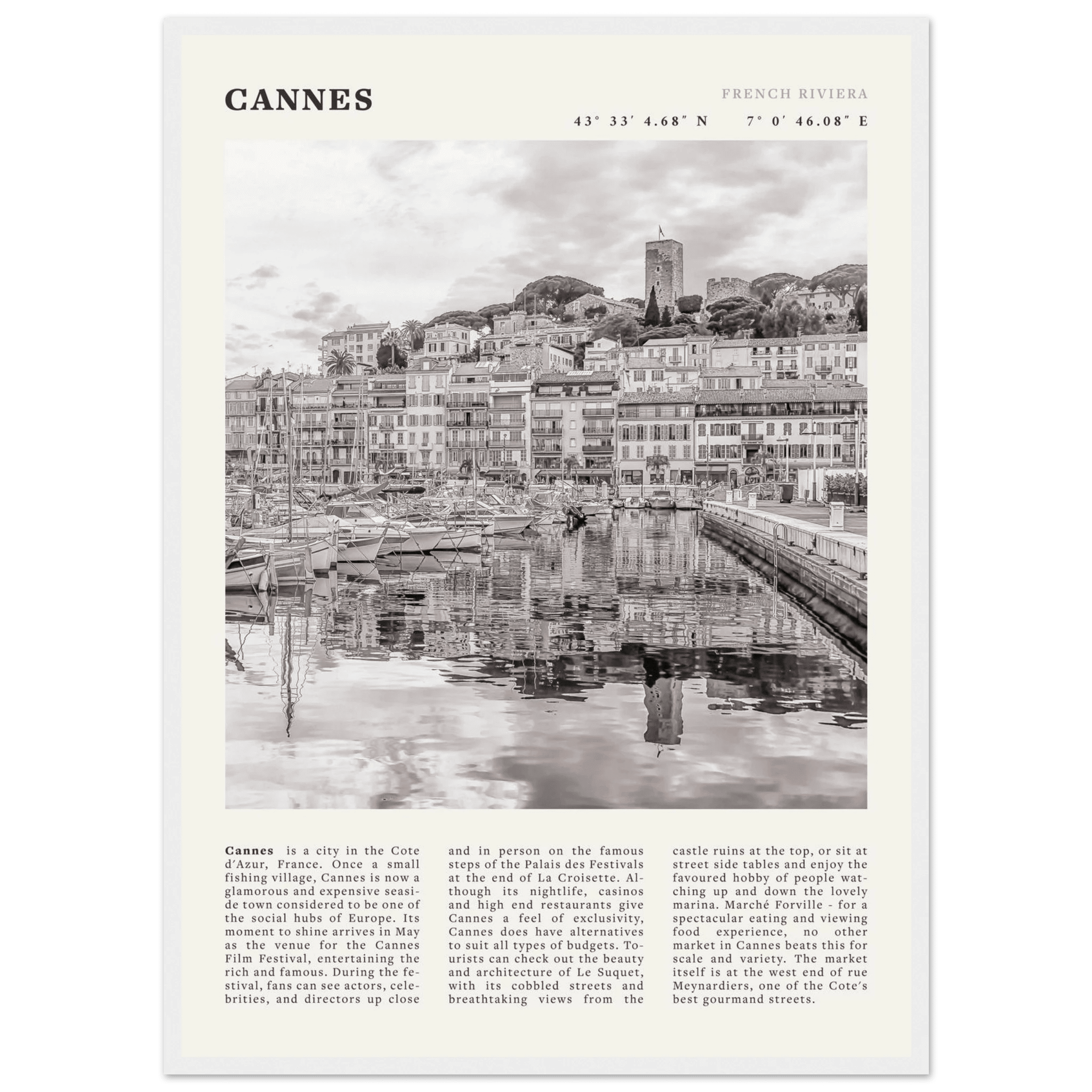 Cannes Poster | Black & White French Riviera Wall Art | France Travel Print - Evergreen Posters