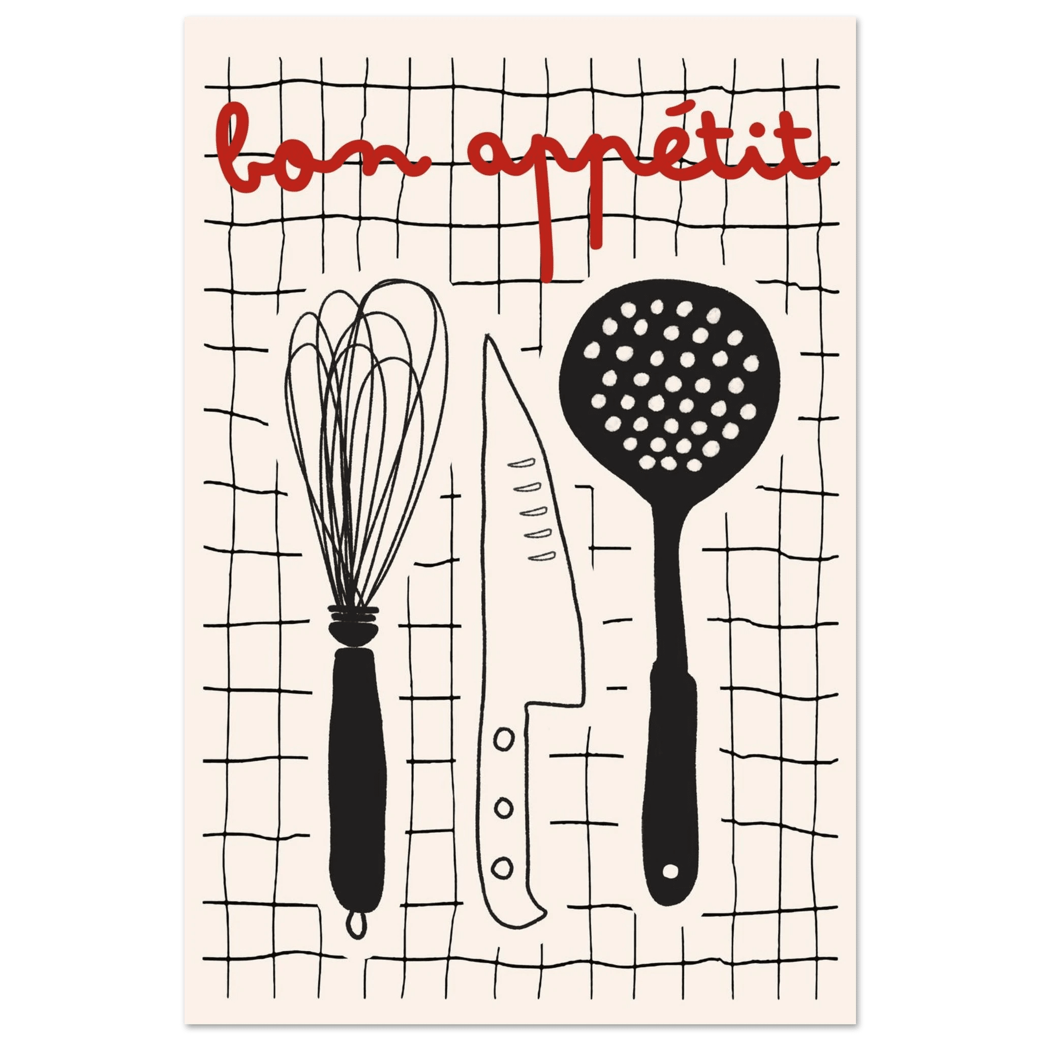 Bon Appétit French Kitchen Print | Bold Black Red Wall Art Poster - Evergreen Posters