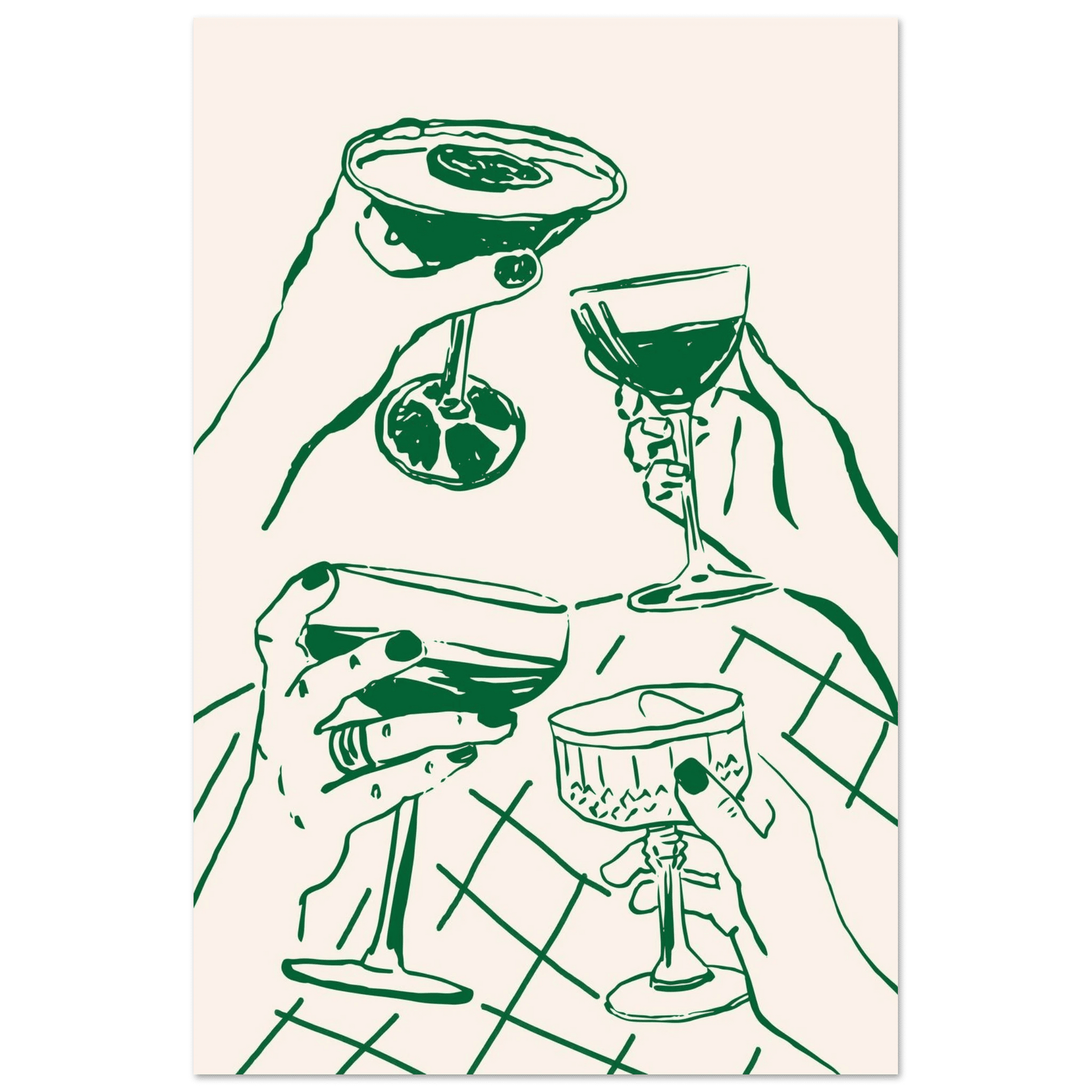 Cheers Print | Forest Green Cocktail Glasses Wall Art | Kitchen Bar Poster - Evergreen Posters