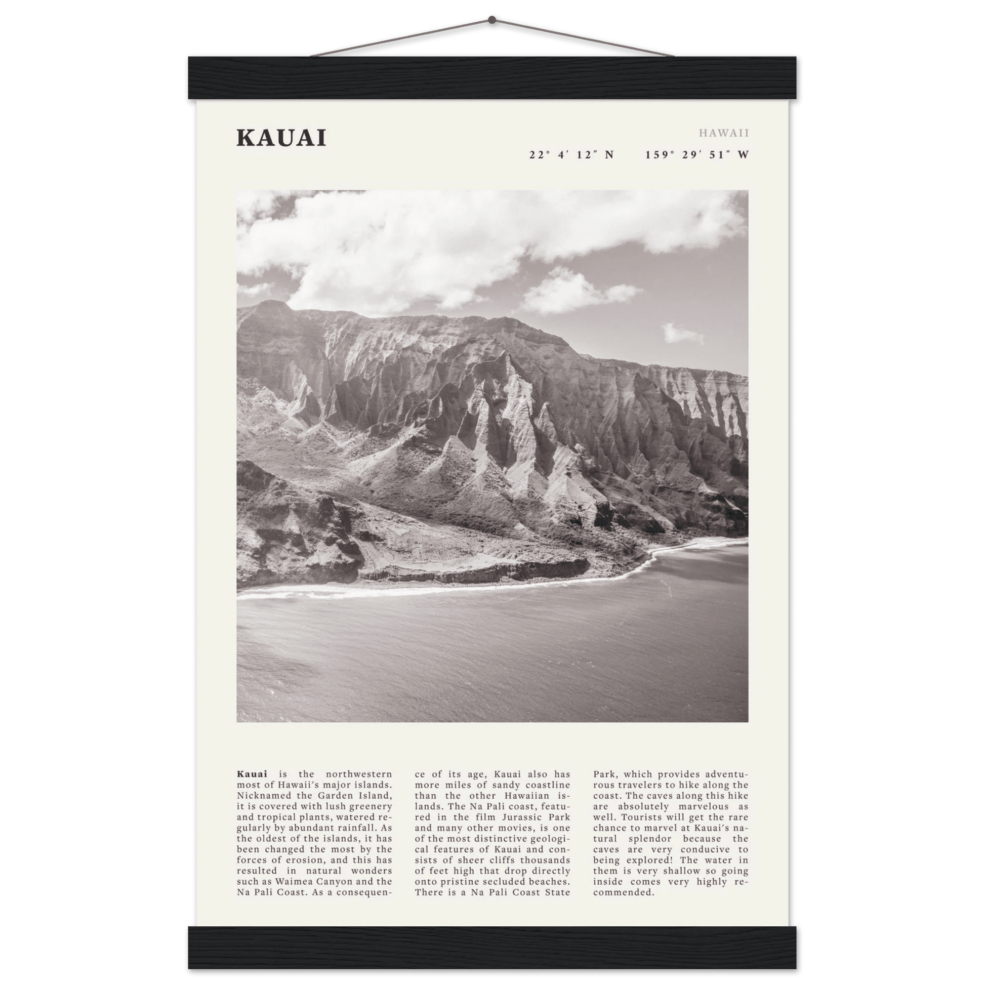 Kauai Poster | Black & White Na Pali Coast Wall Art | Hawaii Travel Print Decor - Evergreen Posters