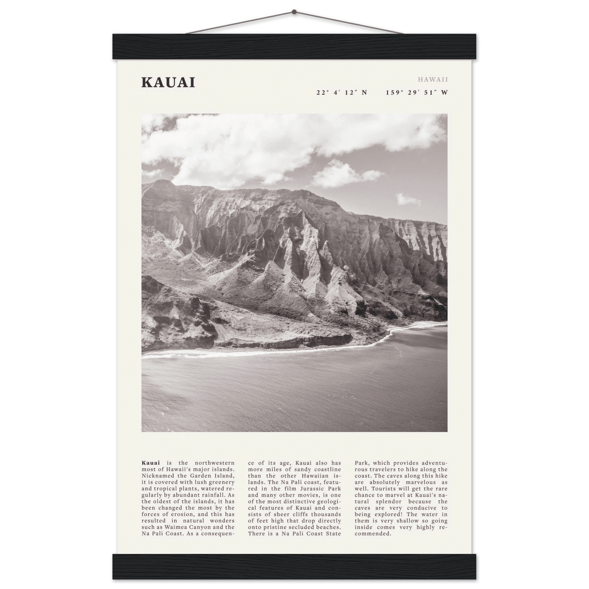 Kauai Poster | Black & White Na Pali Coast Wall Art | Hawaii Travel Print Decor - Evergreen Posters