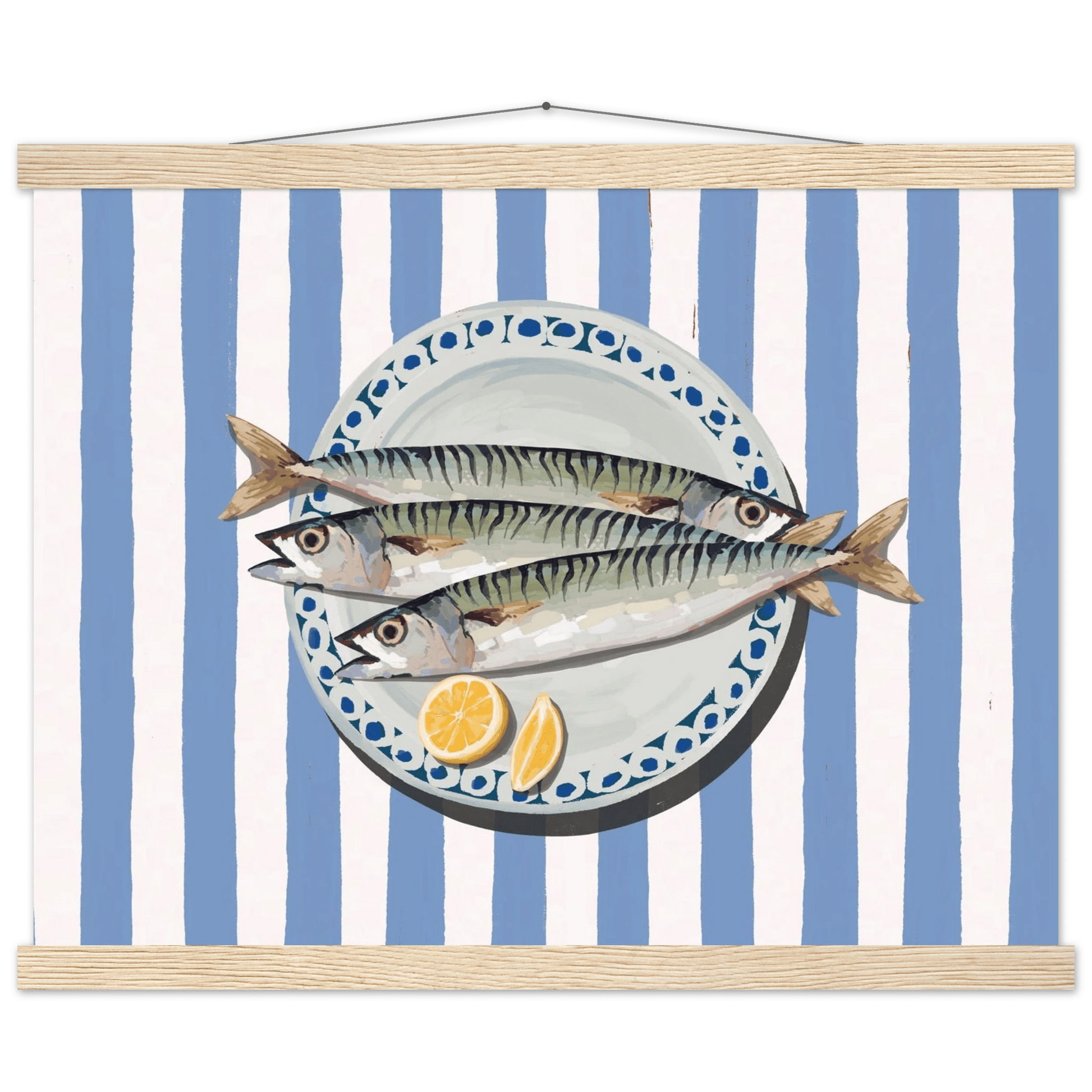 Sardines Print | Blue Stripe Fish Kitchen Wall Art | Coastal Food Poster - Evergreen Posters