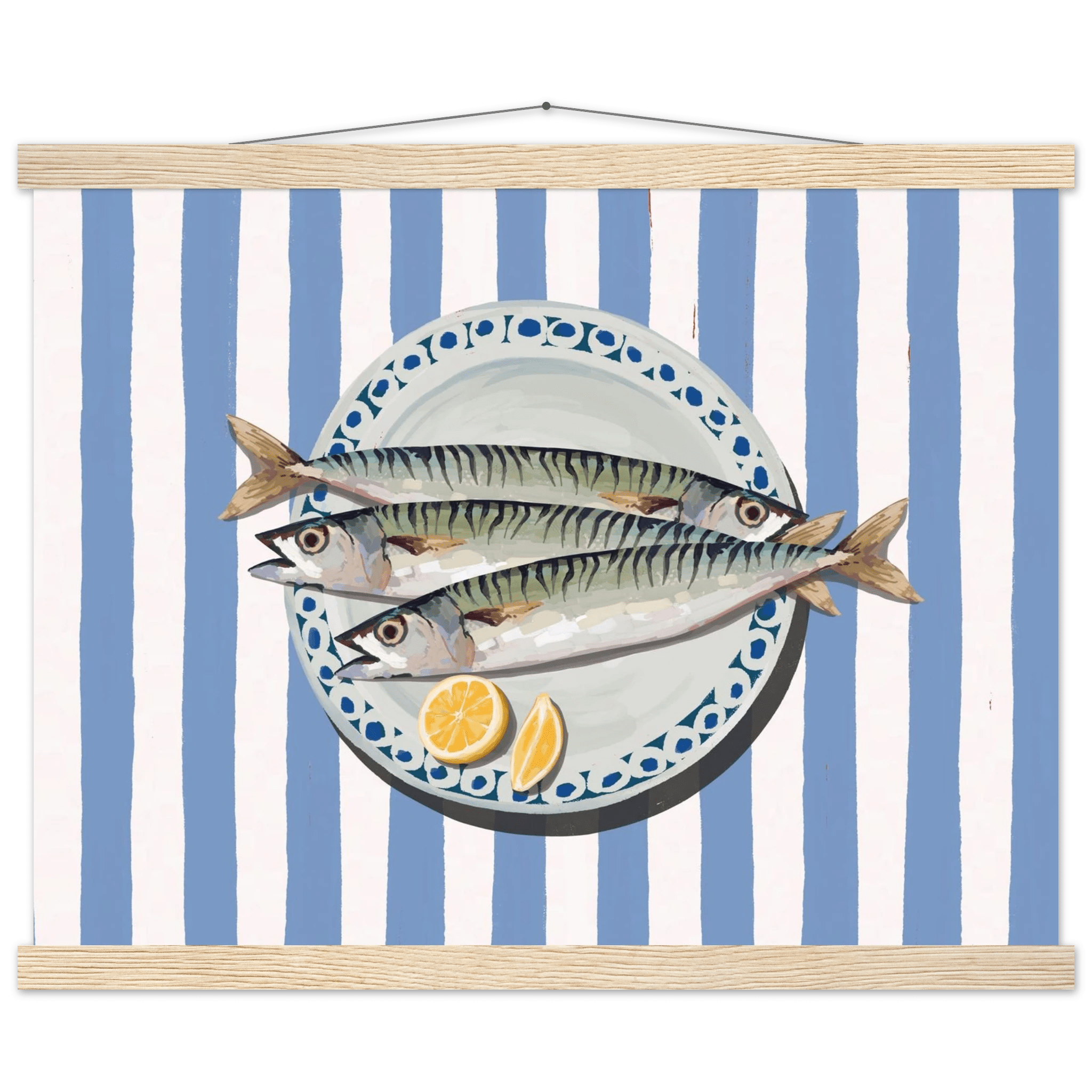 Sardines Print | Blue Stripe Fish Kitchen Wall Art | Coastal Food Poster - Evergreen Posters