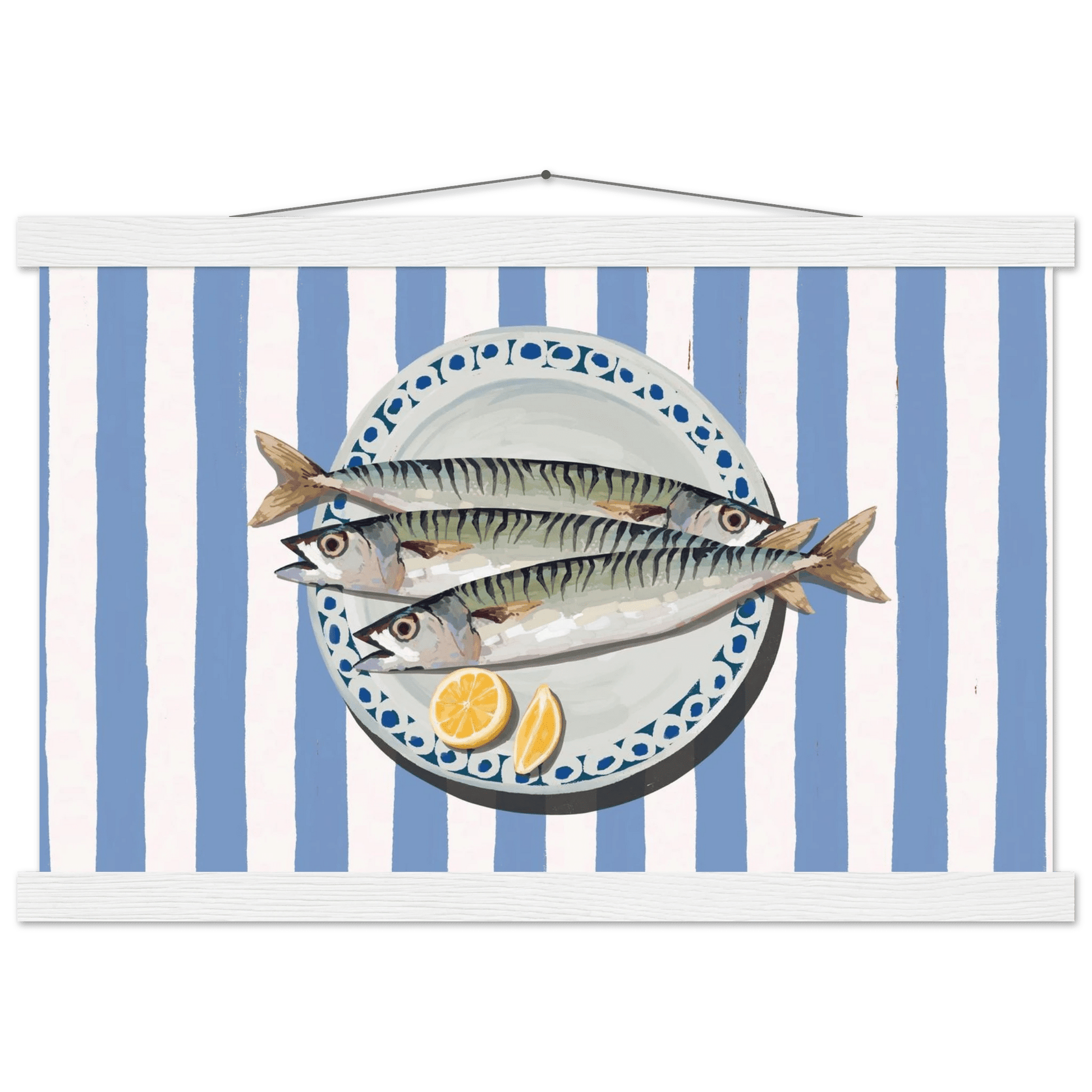 Sardines Print | Blue Stripe Fish Kitchen Wall Art | Coastal Food Poster - Evergreen Posters