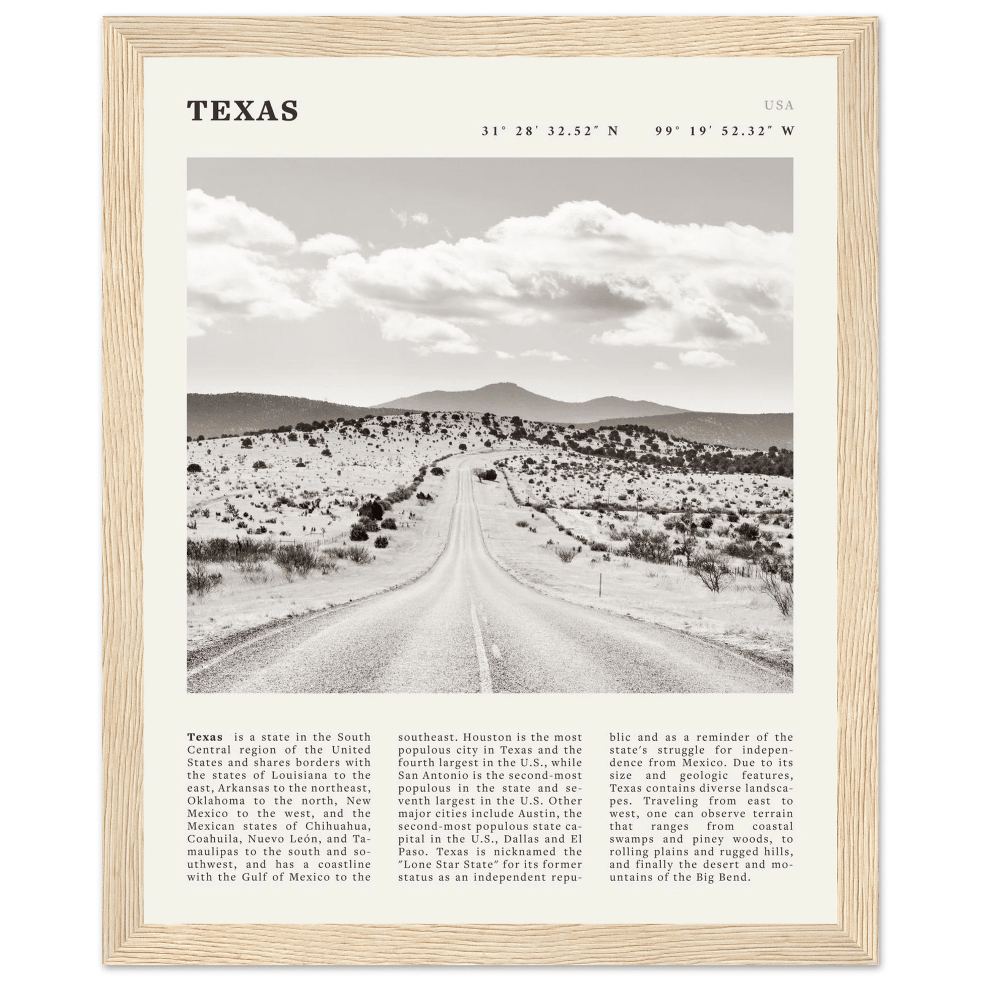 Texas Poster | Black & White Lone Star Road Wall Art | USA Travel Print Decor - Evergreen Posters