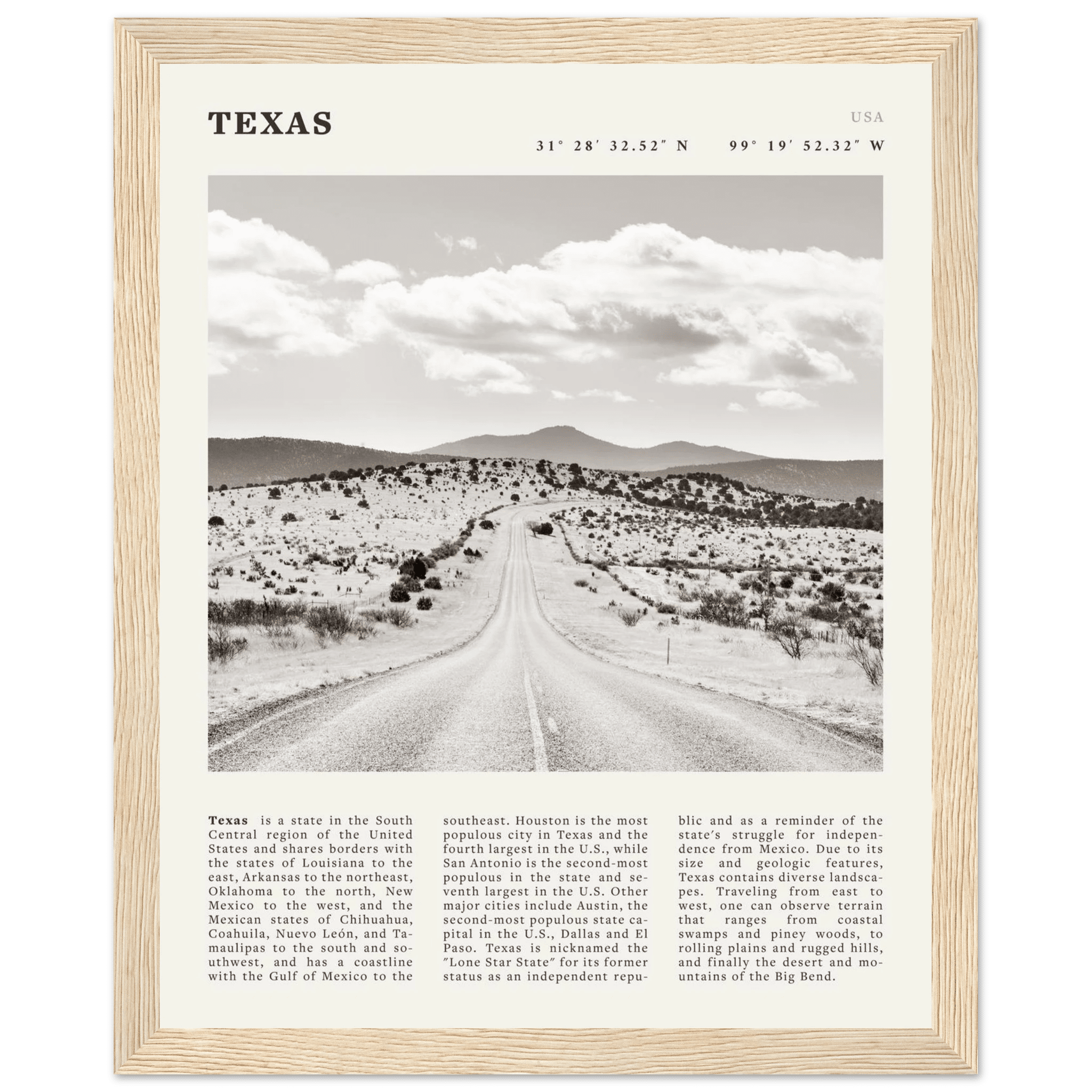 Texas Poster | Black & White Lone Star Road Wall Art | USA Travel Print Decor - Evergreen Posters