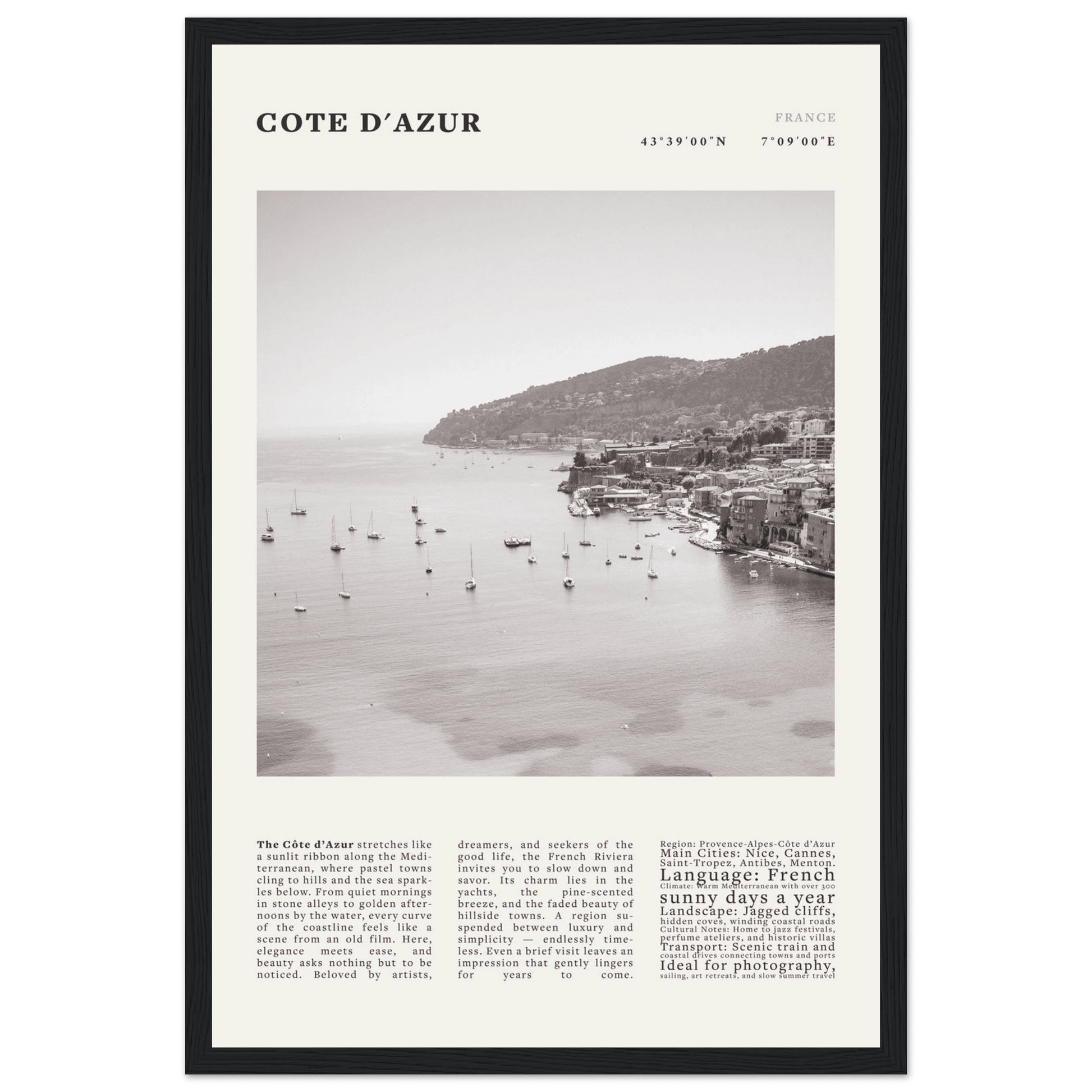 Côte d'Azur Poster Black and White – Vintage French Riviera Coast Print (Digital & Printed Options) - Evergreen Posters