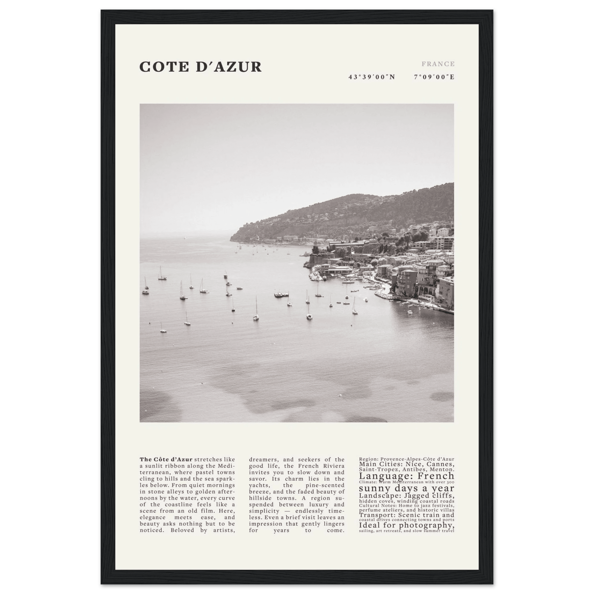 Côte d'Azur Poster Black and White – Vintage French Riviera Coast Print (Digital & Printed Options) - Evergreen Posters