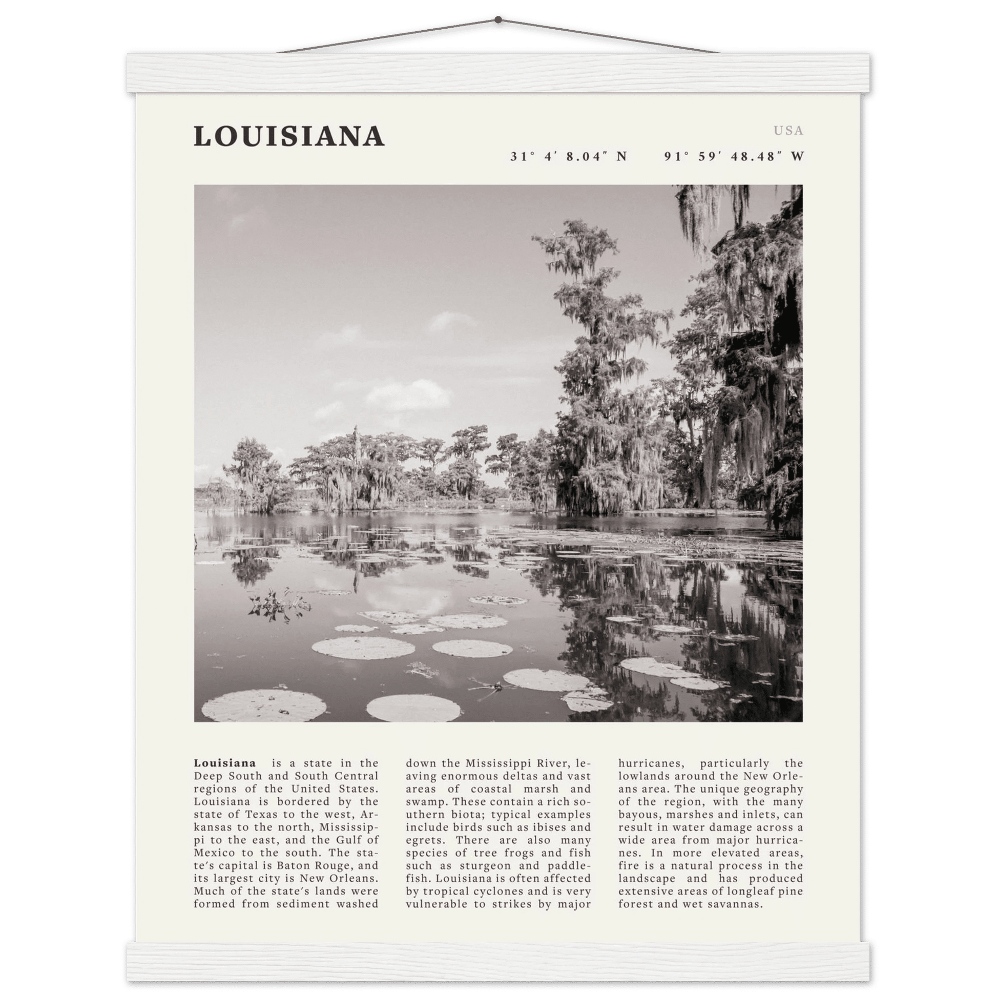 Louisiana Poster | Black & White Bayou Wall Art | Southern USA Travel Print Decor - Evergreen Posters