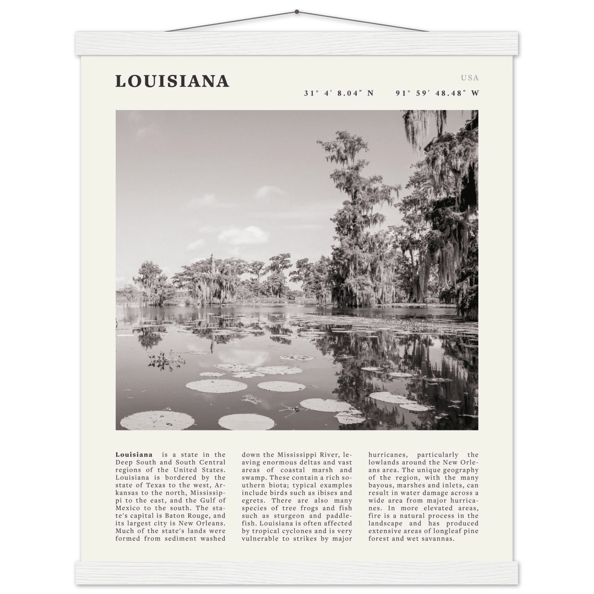 Louisiana Poster | Black & White Bayou Wall Art | Southern USA Travel Print Decor - Evergreen Posters