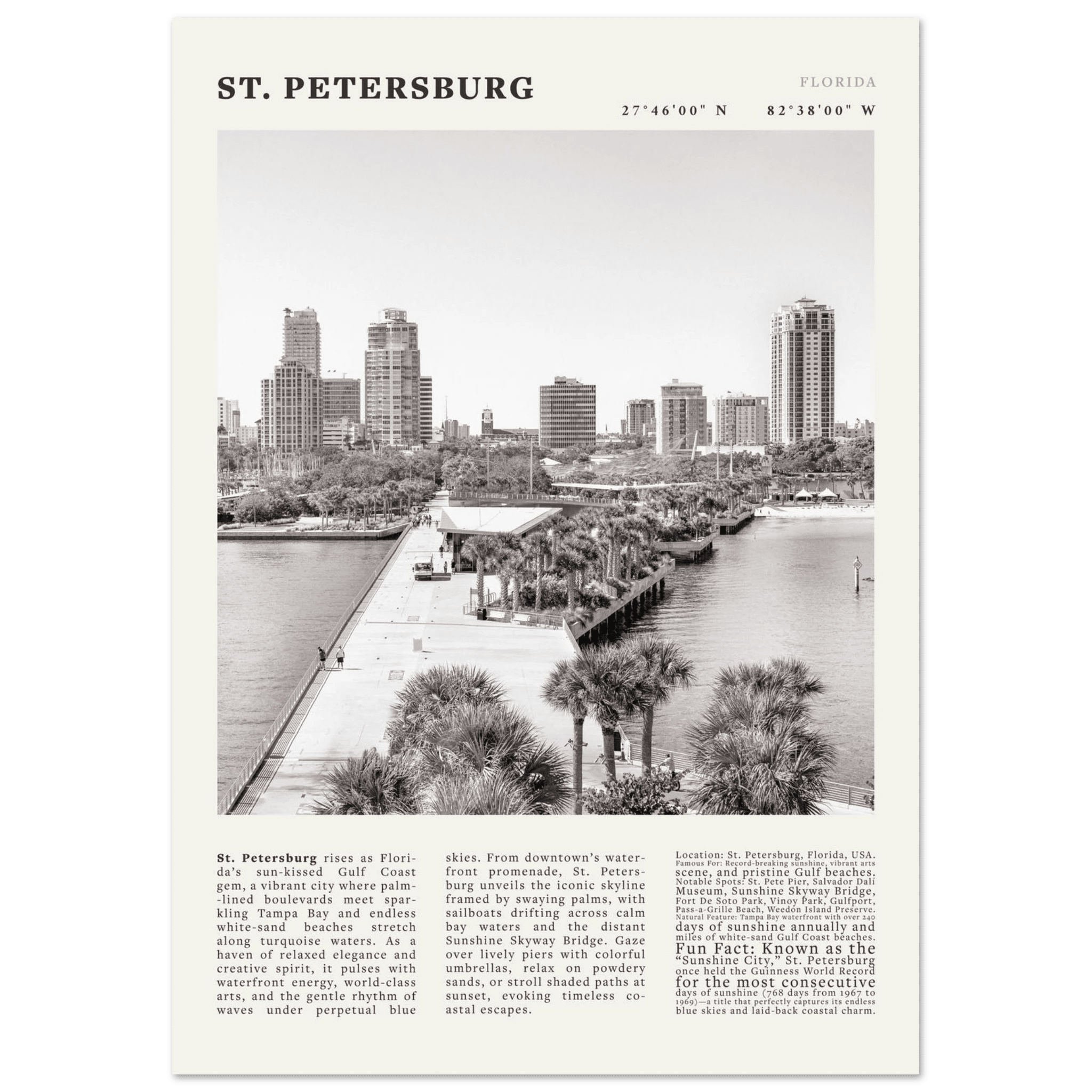 St. Petersburg Florida Poster Black and White – Vintage St Pete Skyline Print (Digital & Printed Options) - Evergreen Posters