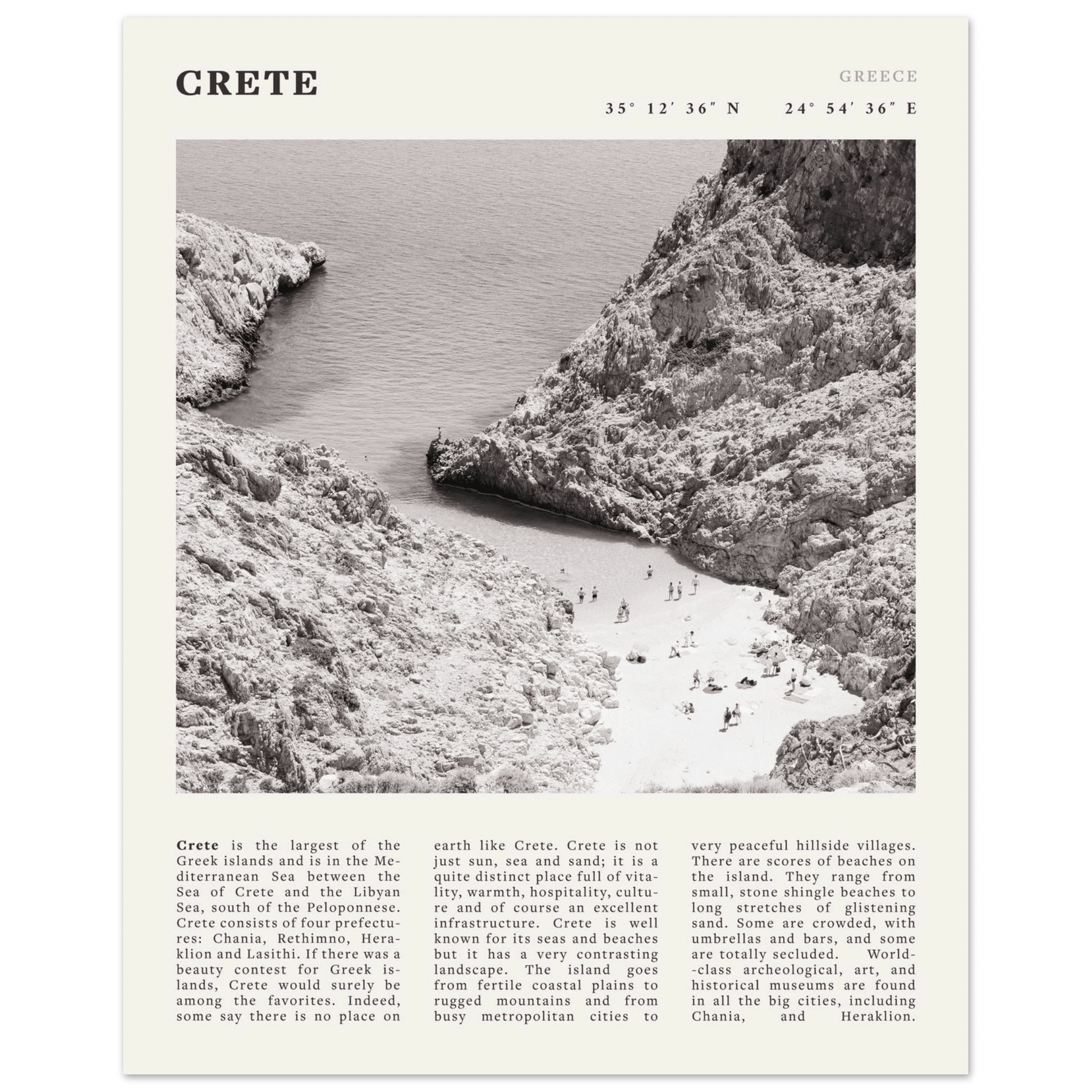Crete Poster | Black & White Greece Beach Wall Art | Mediterranean Travel Print - Evergreen Posters