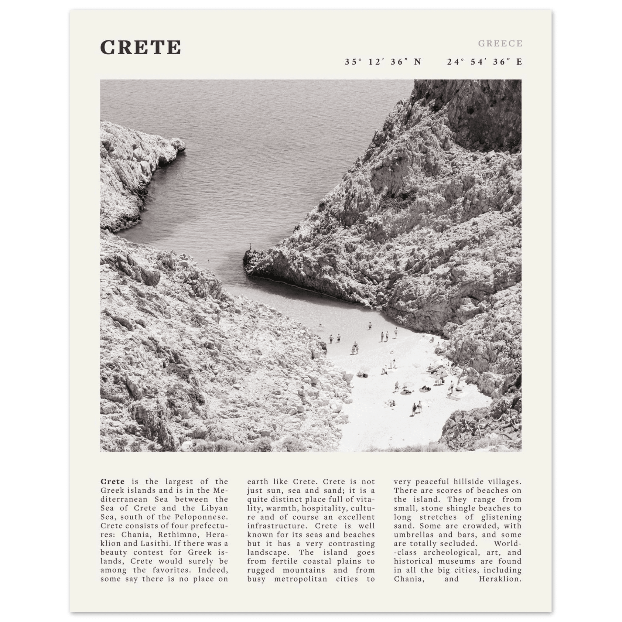 Crete Poster | Black & White Greece Beach Wall Art | Mediterranean Travel Print - Evergreen Posters