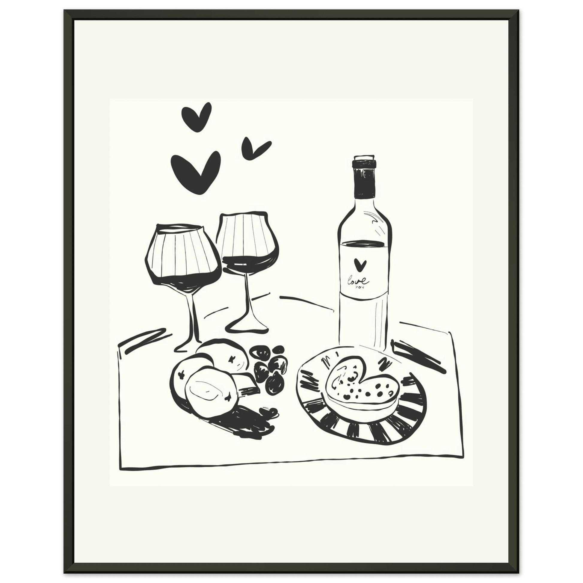 Wine for Two Print | Black Line Art Romantic Kitchen Wall Art | Couples Poster - Evergreen Posters