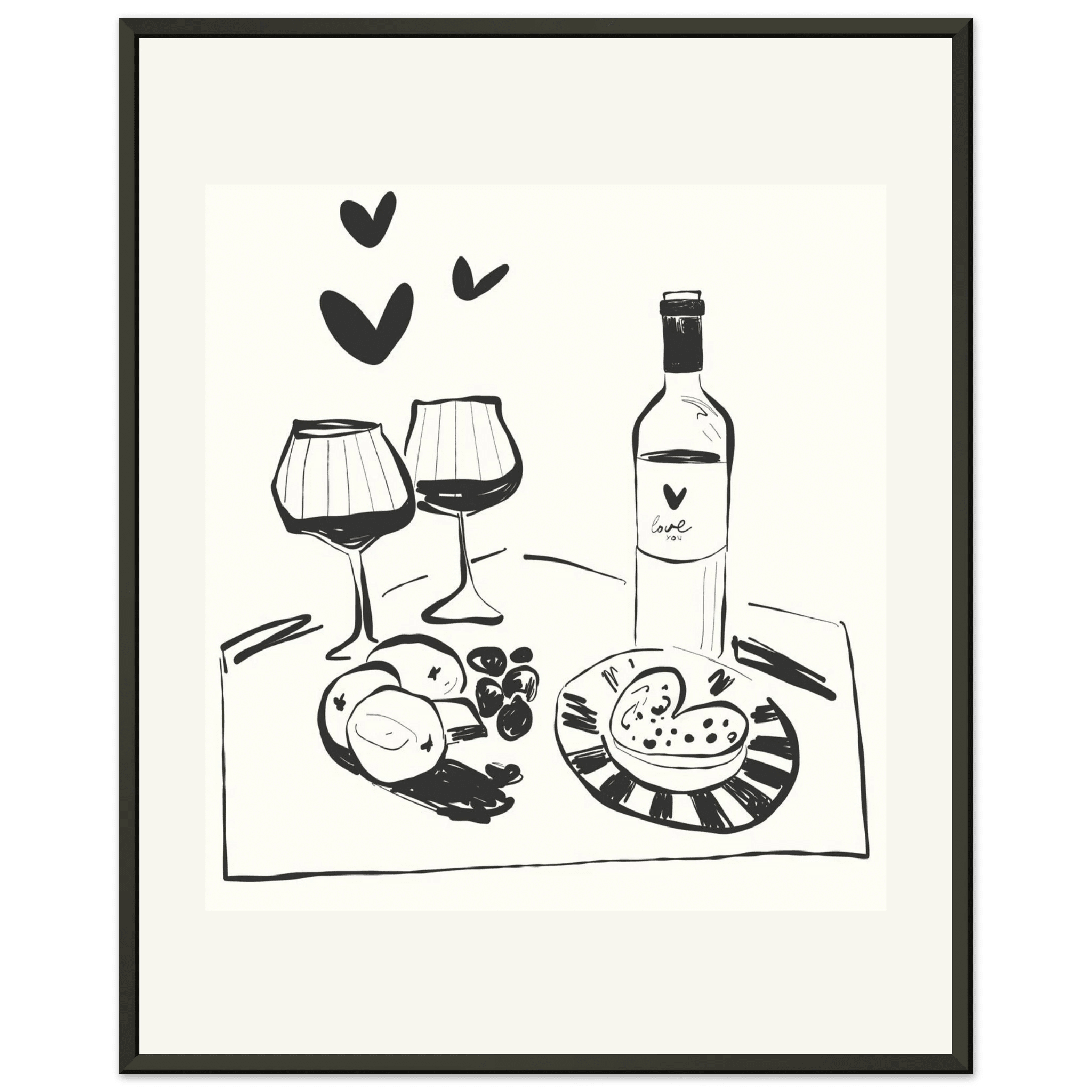 Wine for Two Print | Black Line Art Romantic Kitchen Wall Art | Couples Poster - Evergreen Posters