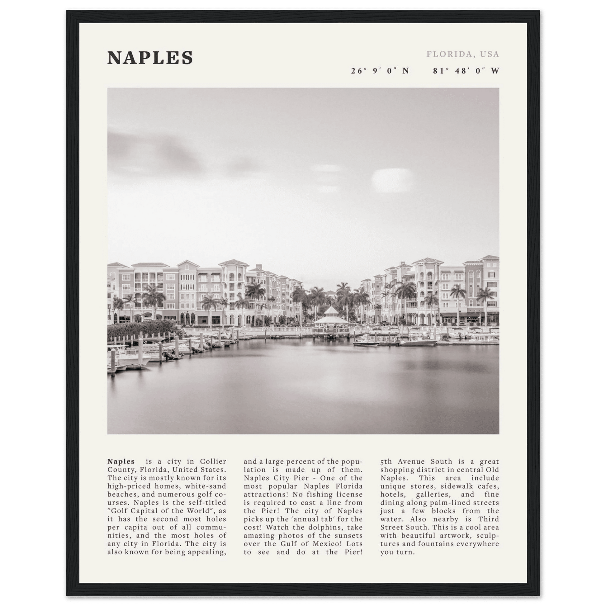 Naples Florida Poster | Black & White Gulf Coast Wall Art | FL Travel Print - Evergreen Posters